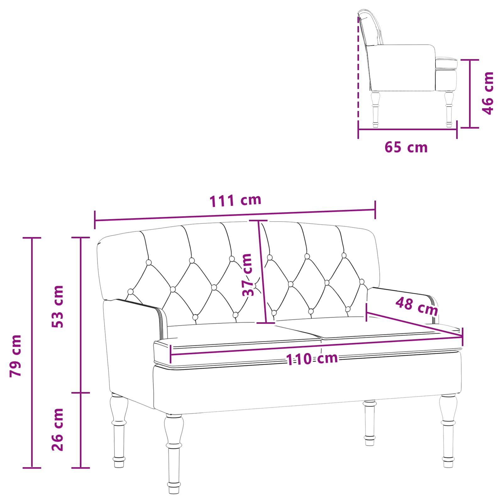 Loveseat with button tufted Black 111 x 65 x 79 cm Velvet