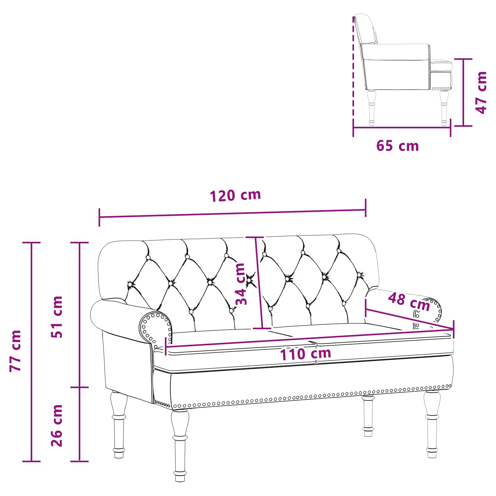 Loveseat with button tufted Black 120 x 65 x 77 cm Faux Leather