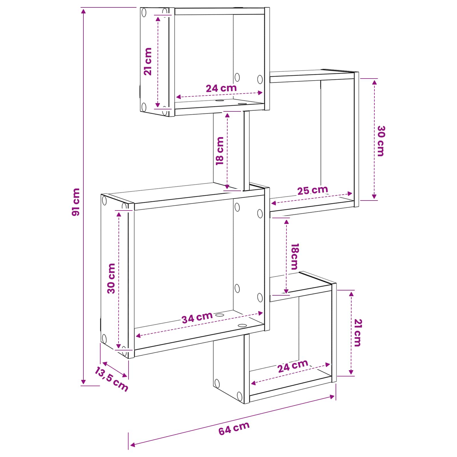 Wall Cube Shelves Wall-Mounted Sonoma Oak 64 x 13.5 x 91.5 cm