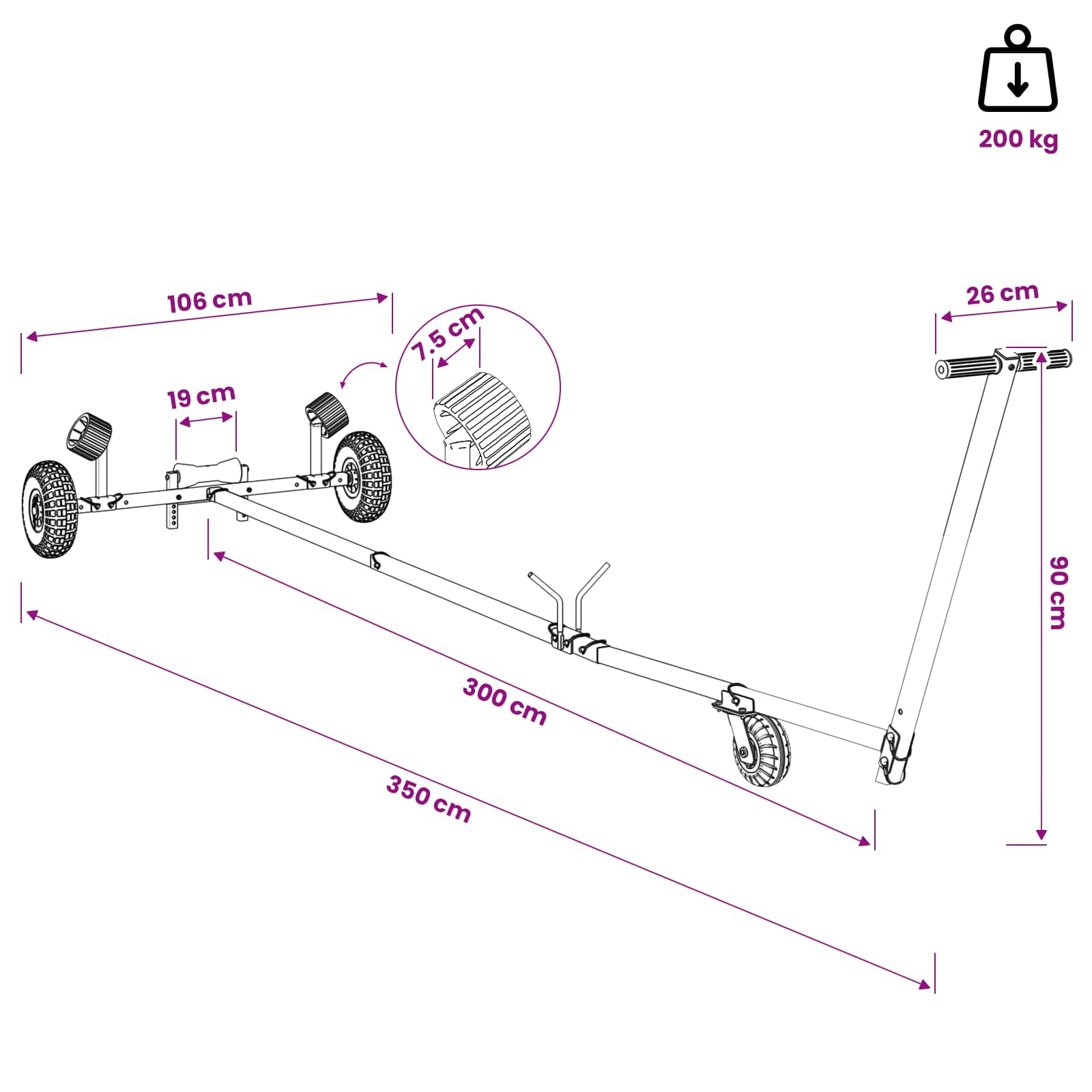 Adjustable Boat Trailer with Pneumatic Tires 200 kg Load Silver