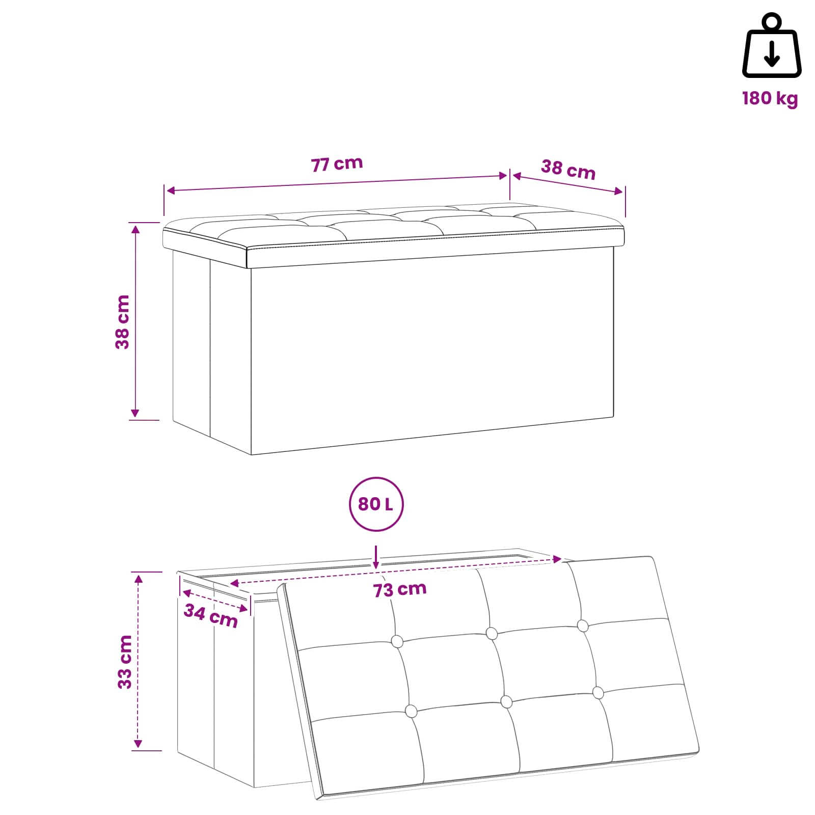 Foldable Storage Bench Black 180 kg 80 L 77 x 38 x 38 cm Linen