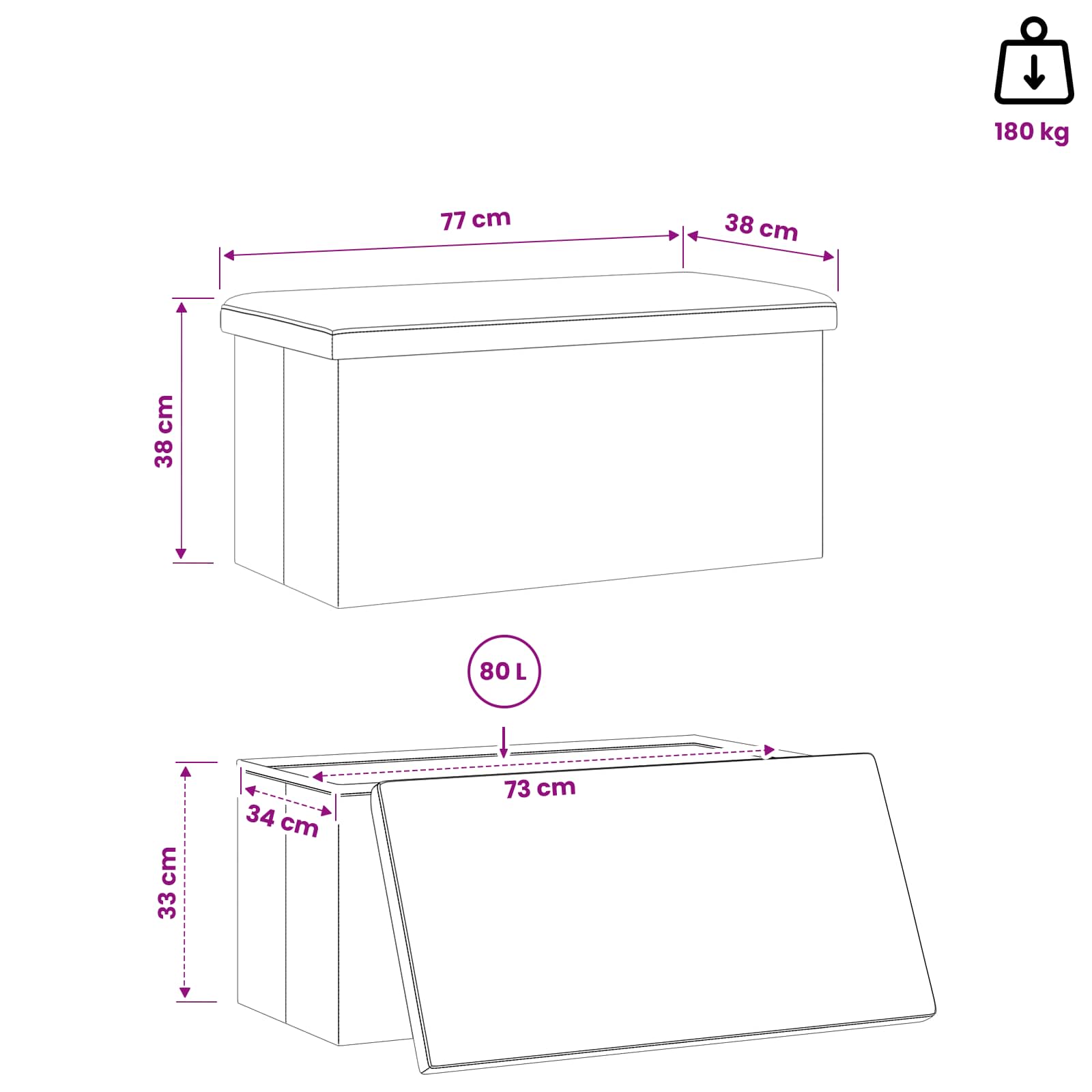 Foldable Storage Bench White 180 kg 80 L 77 x 38 x 38 cm PVC