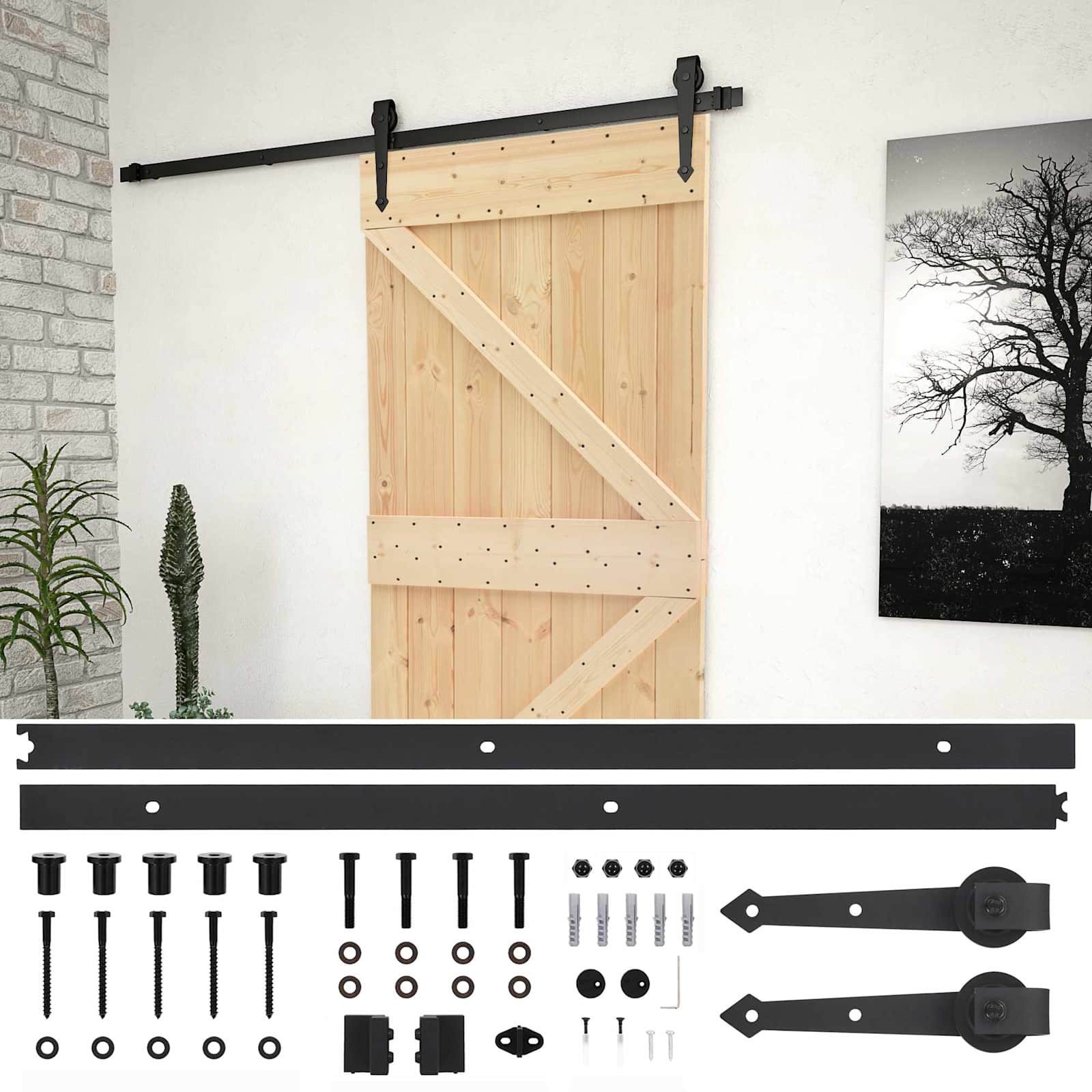Sliding Door Natural and Black 80 x 210 cm Solid Pine Wood