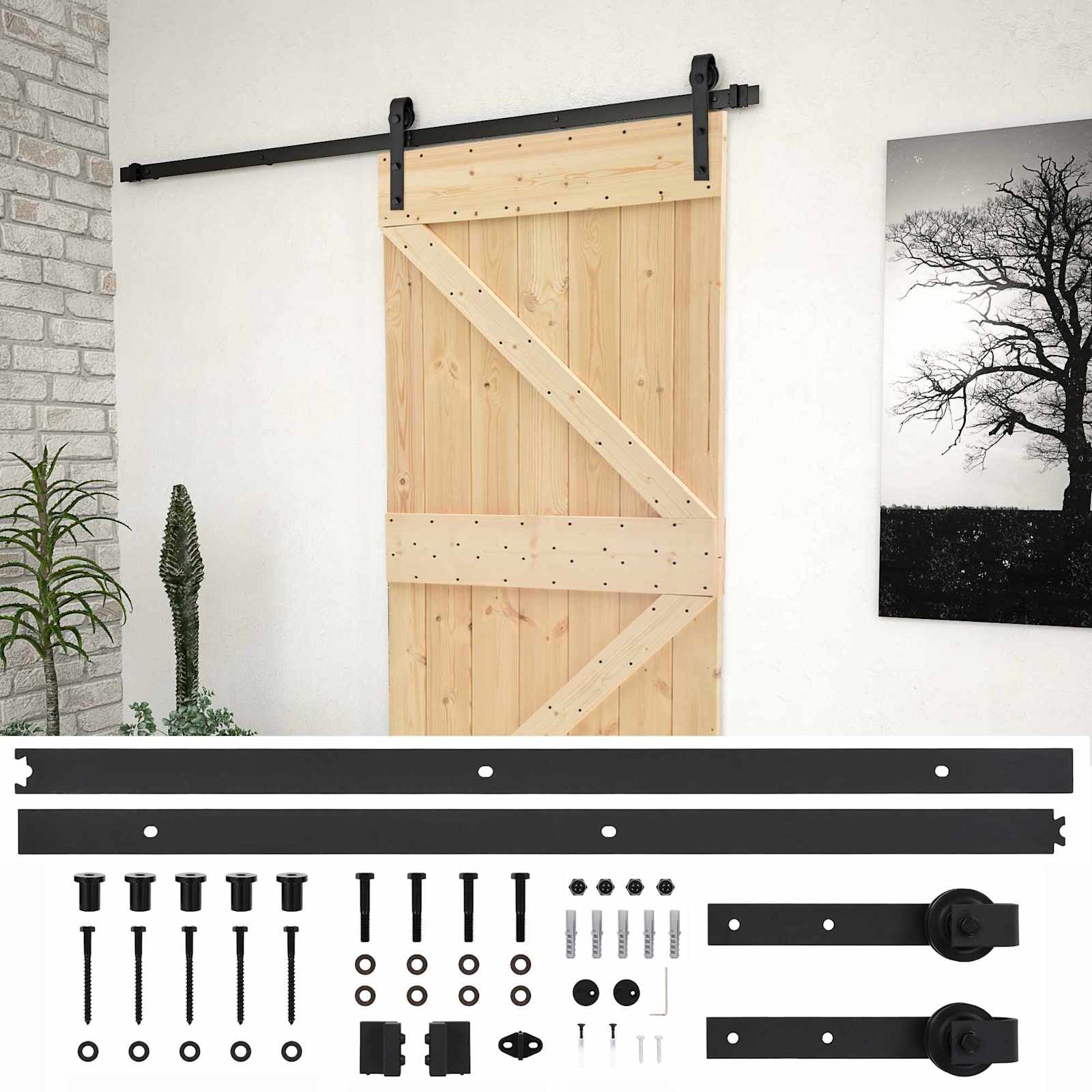 Sliding Door Natural and Black 80 x 210 cm Solid Pine Wood
