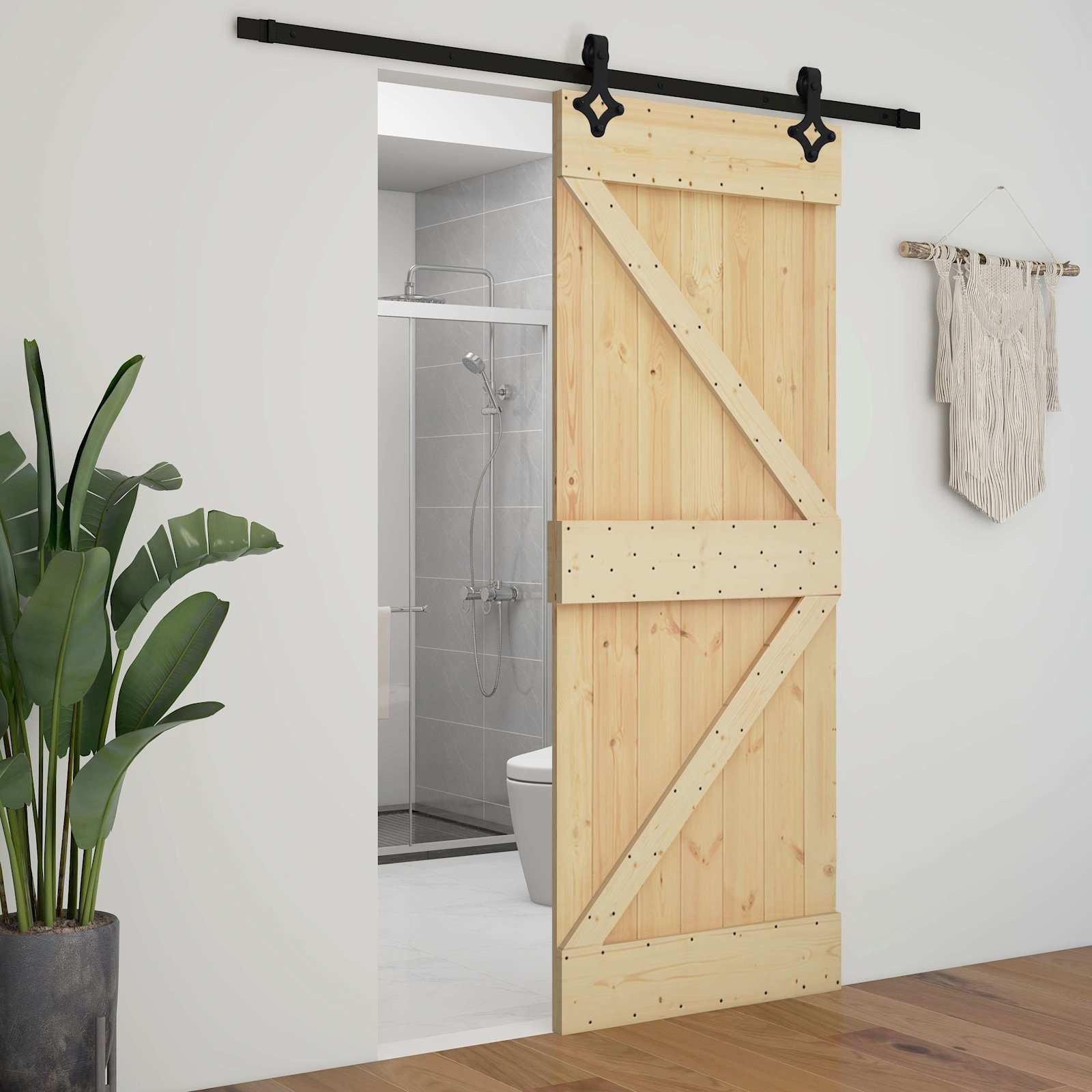 Sliding Door Natural and Black 90 x 210 cm Solid Pine Wood