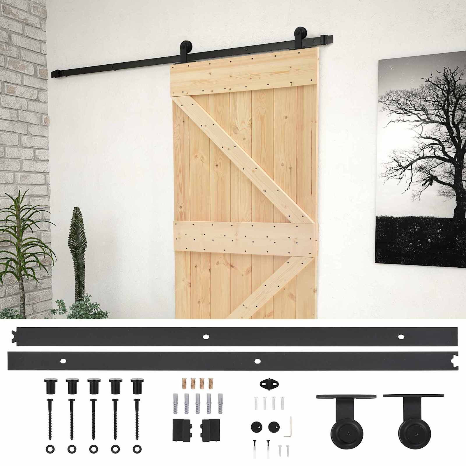 Sliding Door Natural and Black 90 x 210 cm Solid Pine Wood