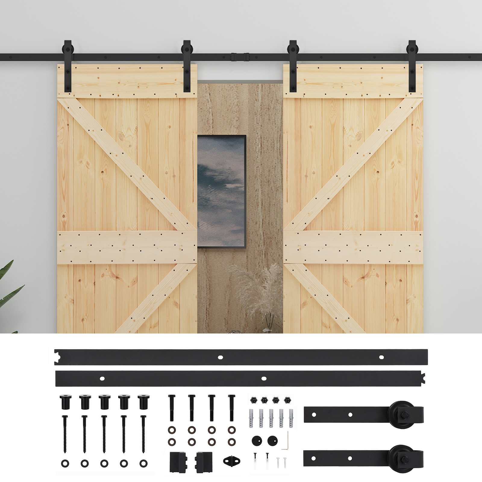 Sliding Door 2 pcs Natural and Black Solid Pine Wood