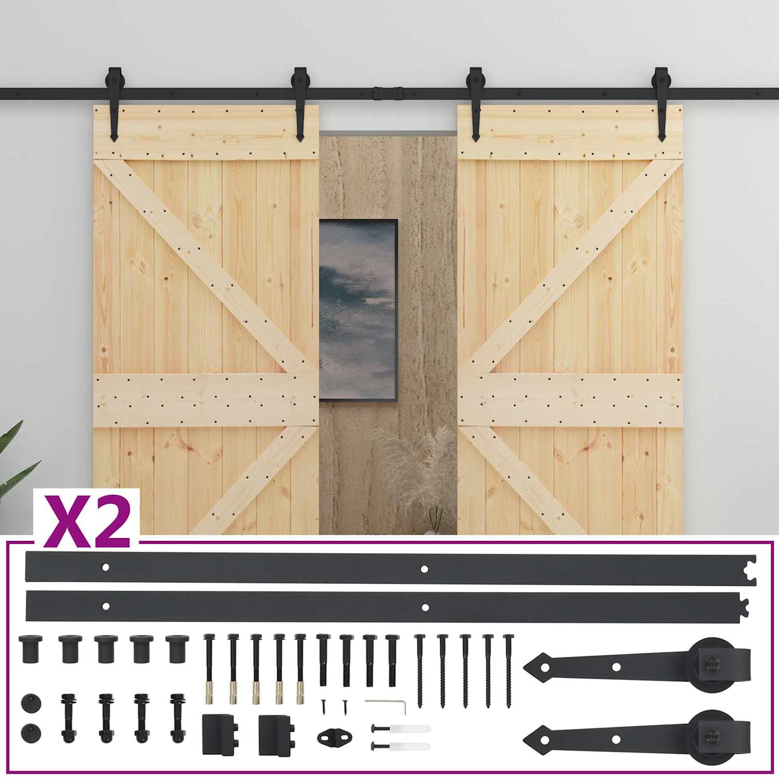 Sliding Door 2 pcs Natural and Black Solid Pine Wood