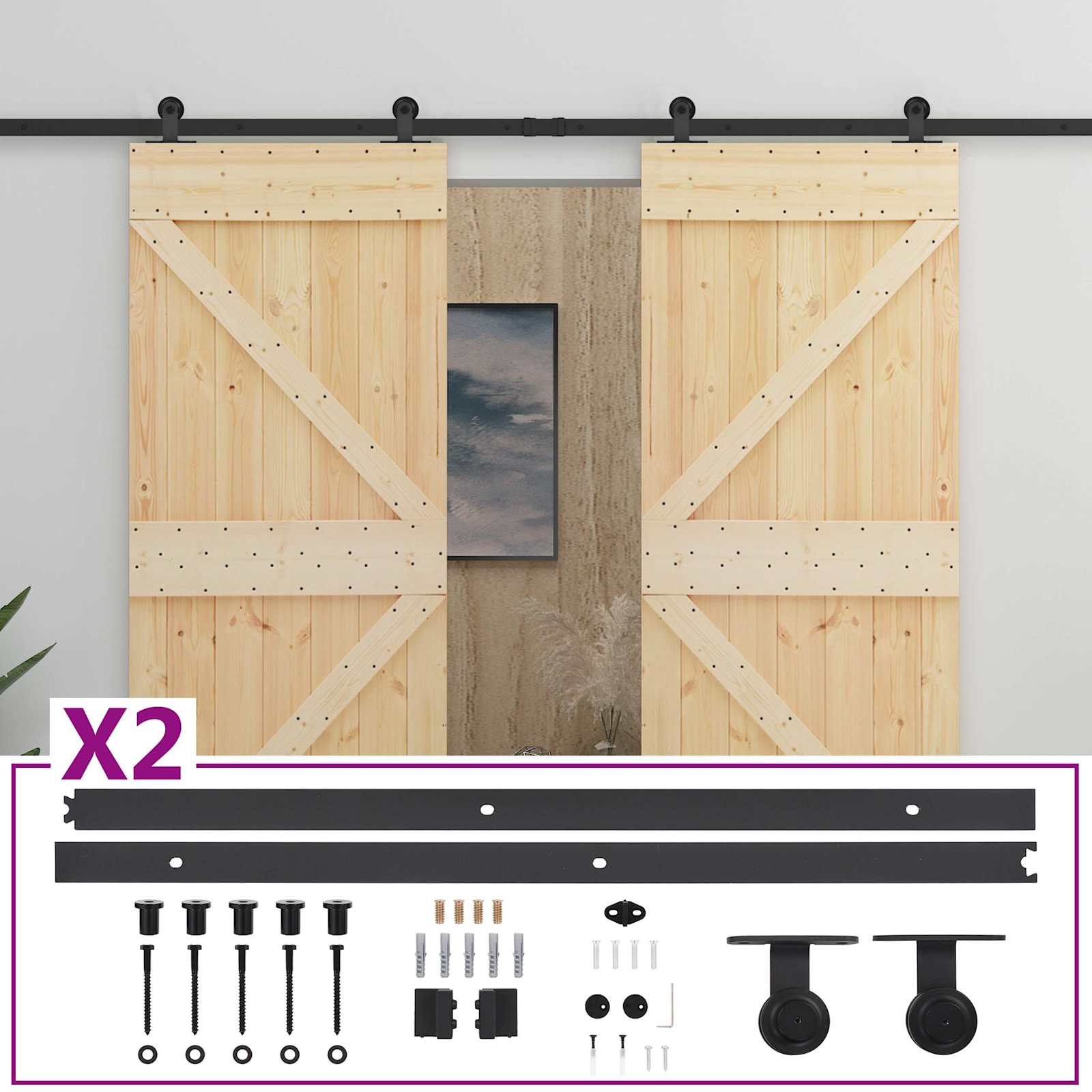 Sliding Door 2 pcs Natural and Black Solid Pine Wood