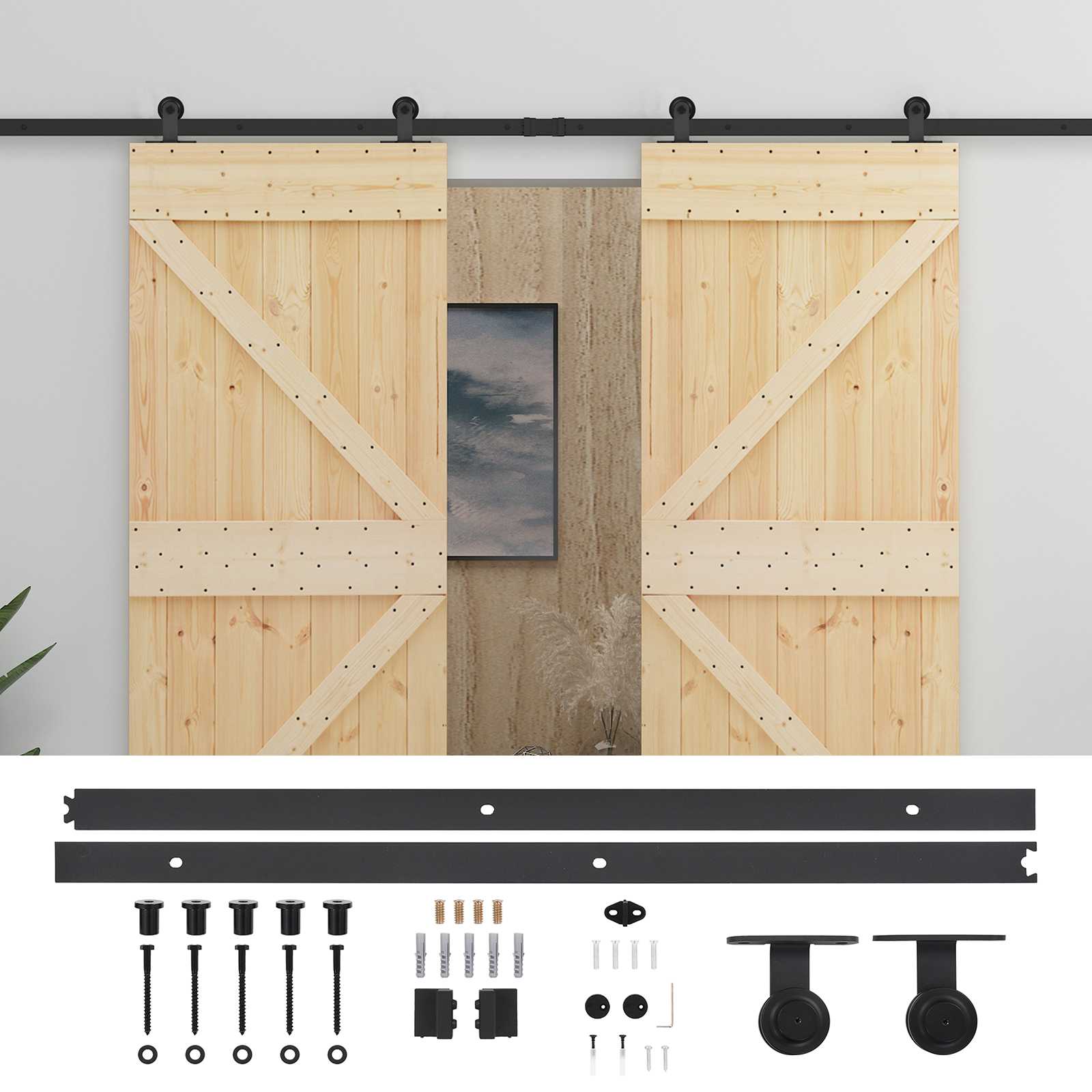 Sliding Door 2 pcs Natural and Black Solid Pine Wood