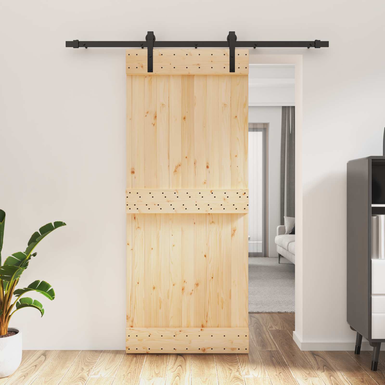 Sliding Door Natural and Black 85 x 210 cm Solid Pine Wood