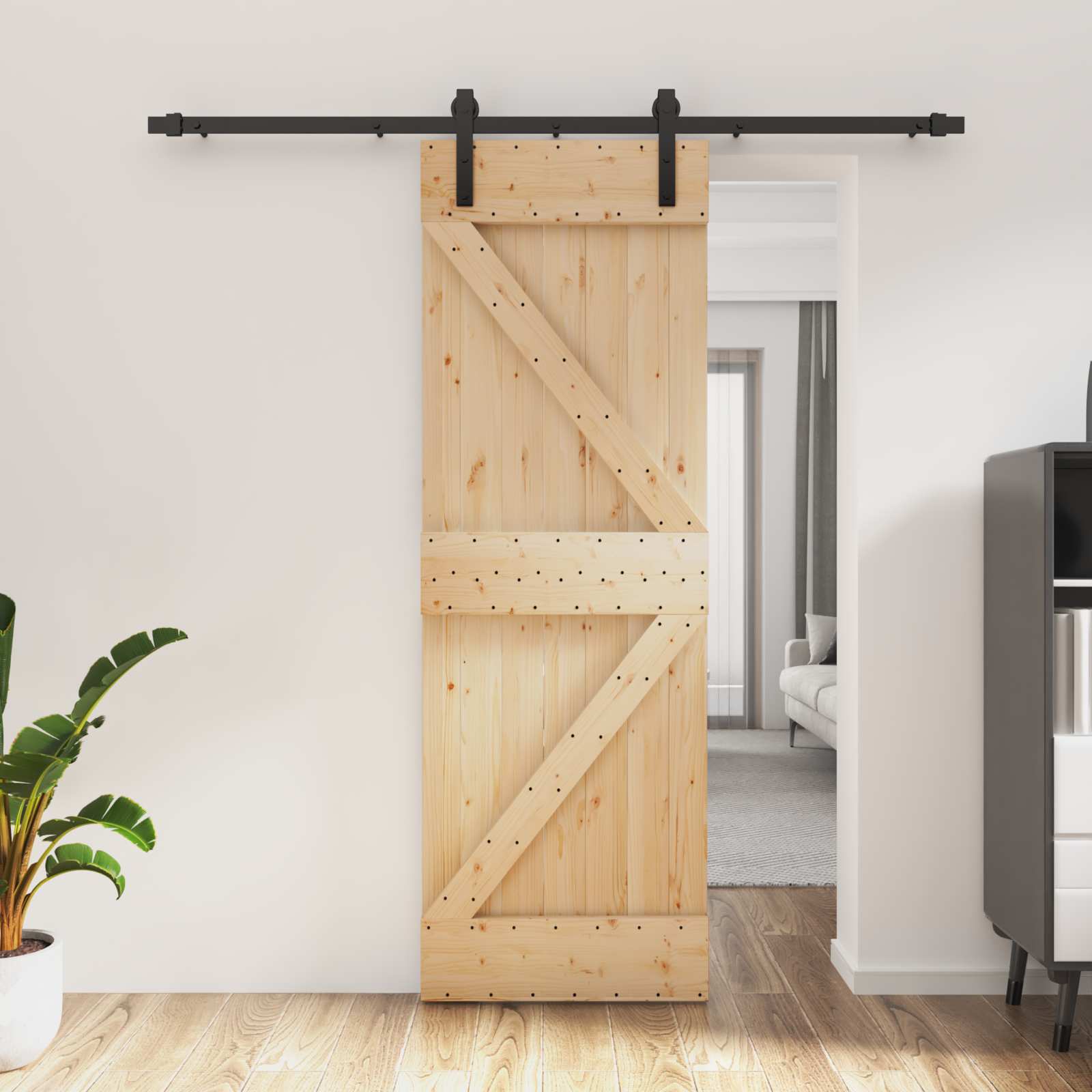 Sliding Door Natural and Black 70 x 210 cm Solid Pine Wood