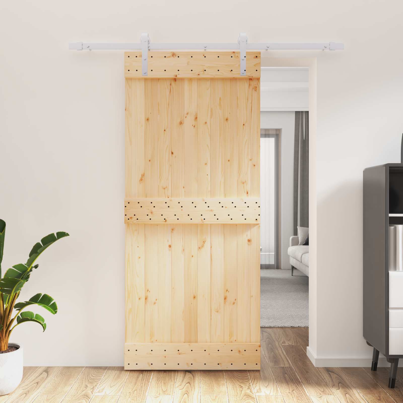 Sliding Door Natural and White 90 x 210 cm Solid Pine Wood