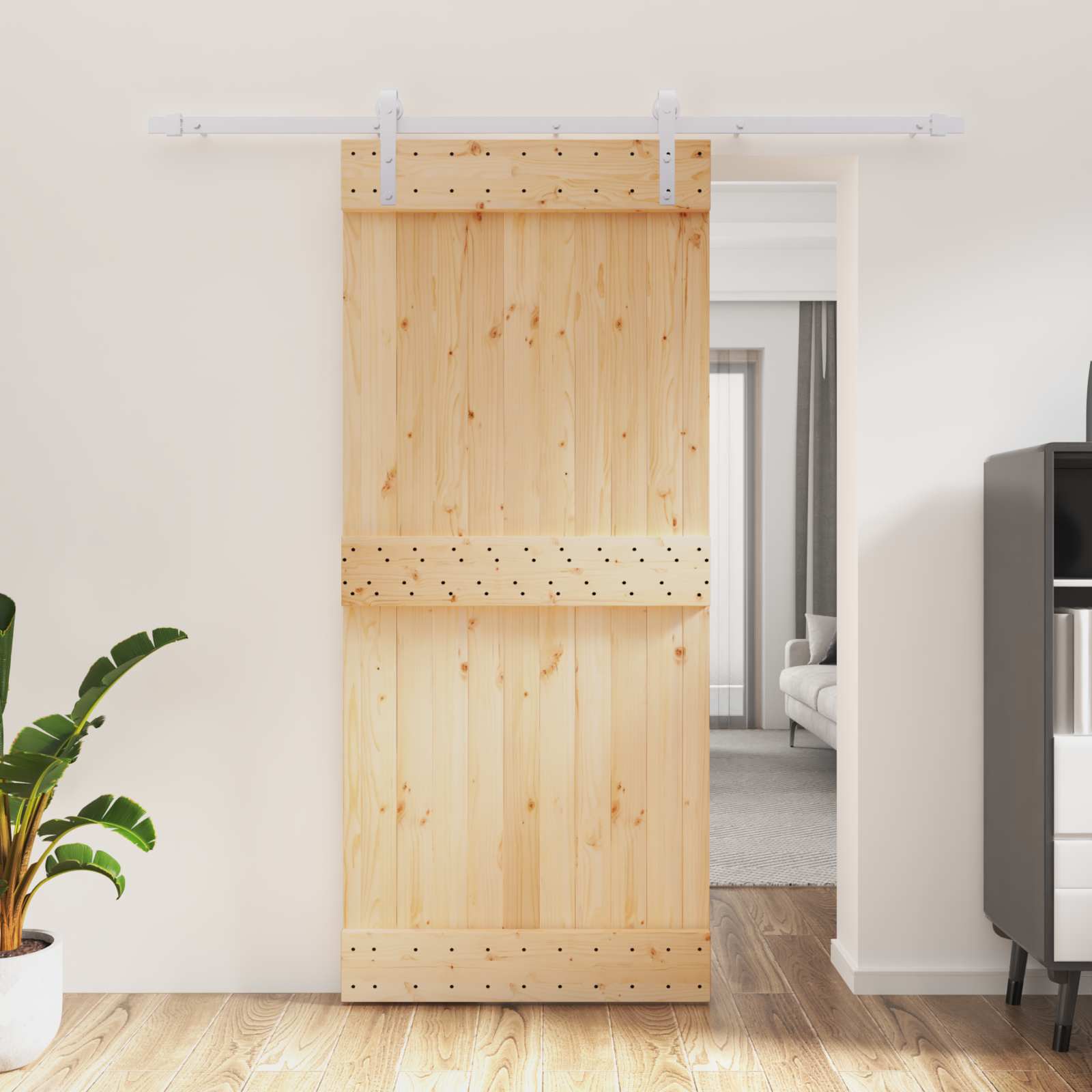 Sliding Door Natural and White 90 x 210 cm Solid Pine Wood