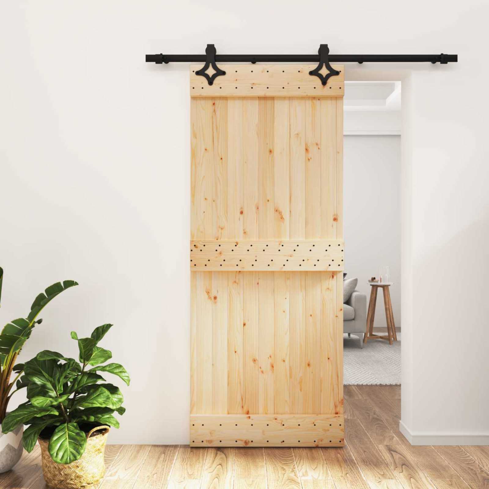 Sliding Door Natural and Black 85 x 210 cm Solid Pine Wood