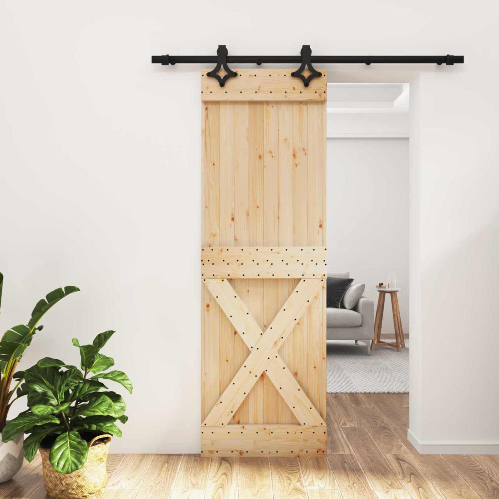 Sliding Door Natural and Black 70 x 210 cm Solid Pine Wood