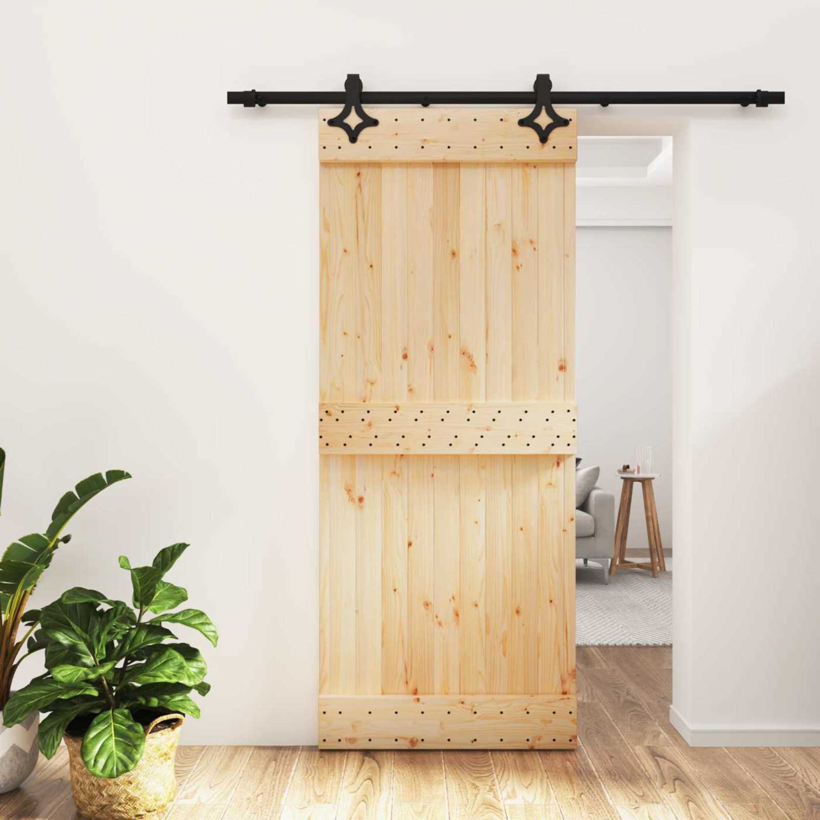 Sliding Door Natural and Black 85 x 210 cm Solid Pine Wood