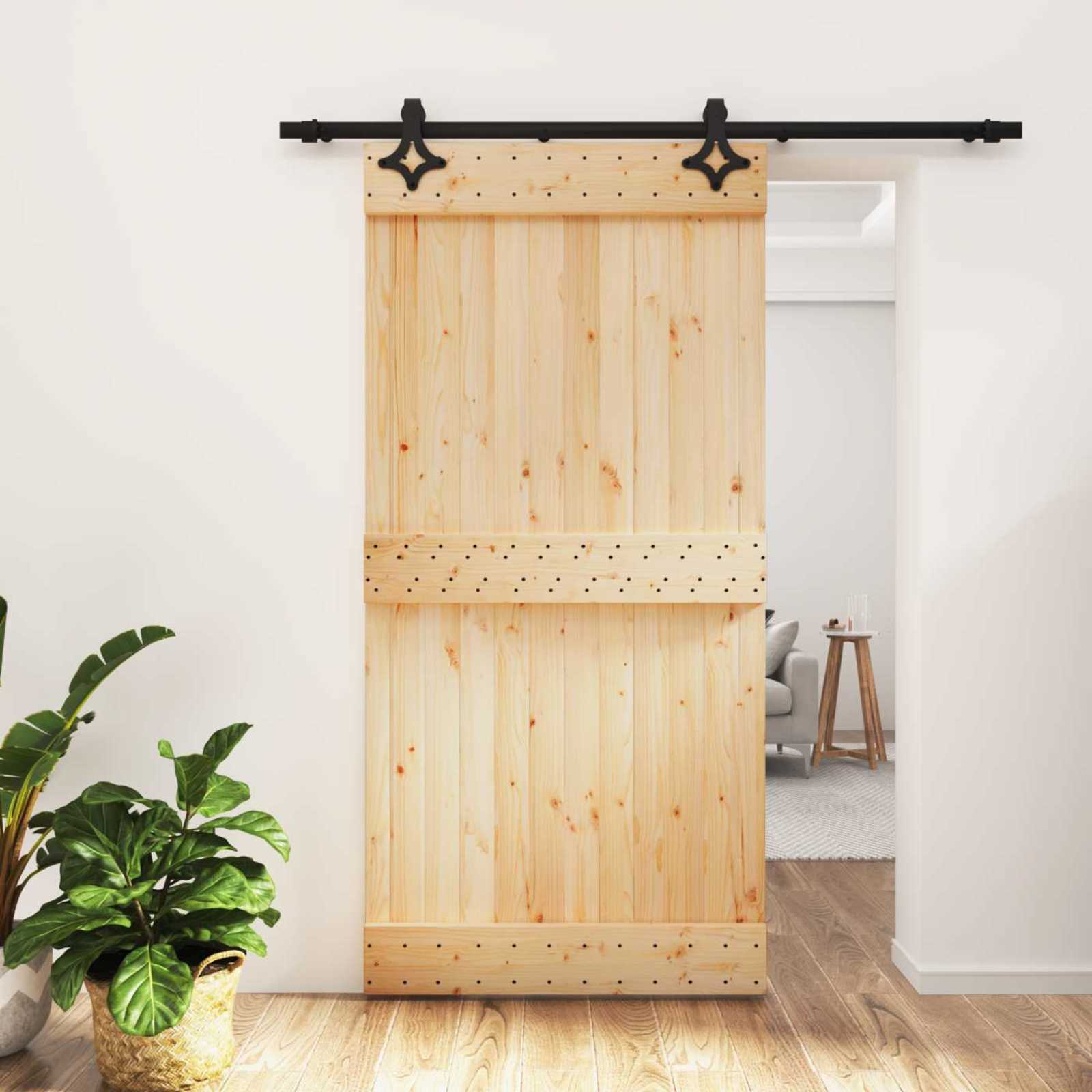 Sliding Door Natural and Black 100 x 210 cm Solid Pine Wood