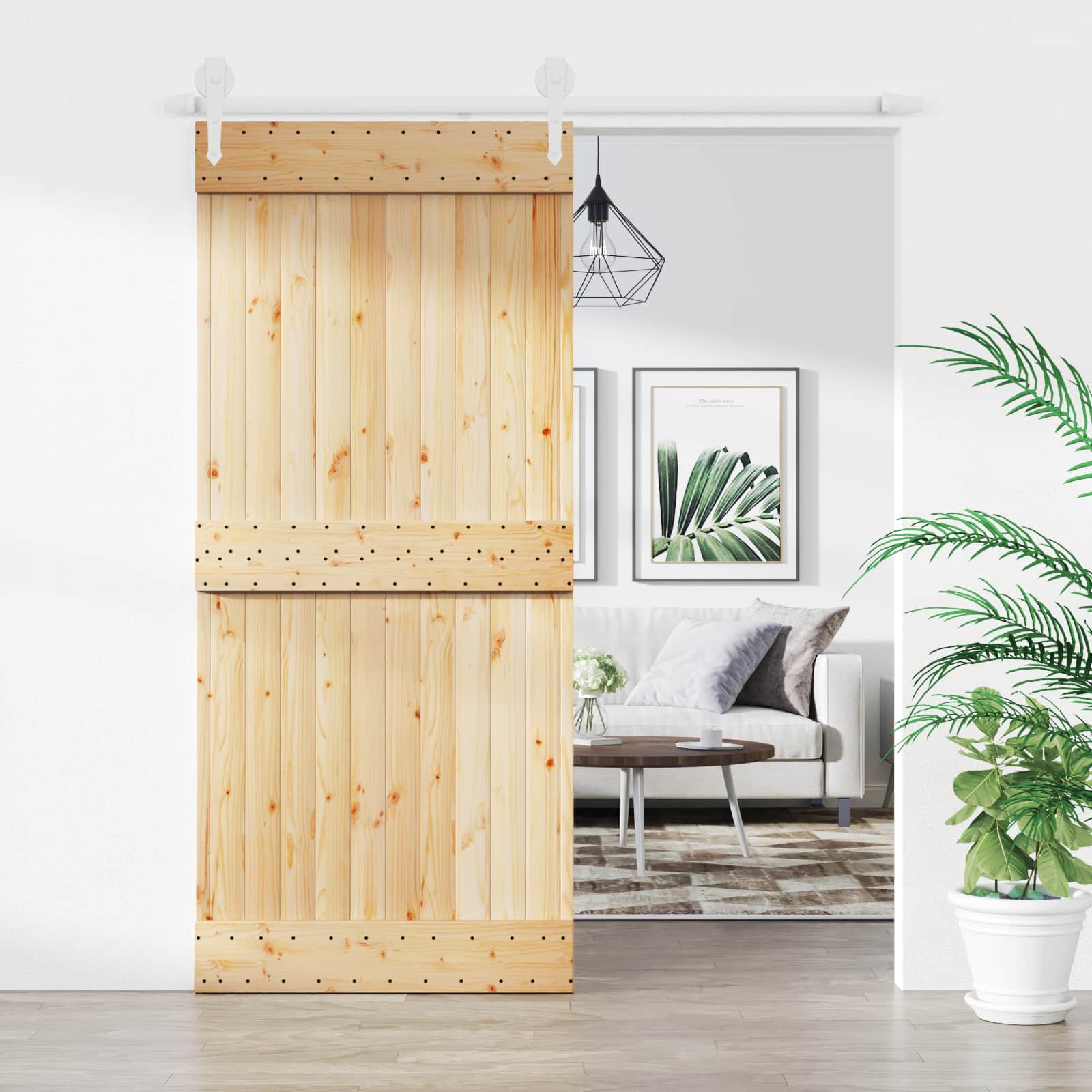 Sliding Door Natural and White 90 x 210 cm Solid Pine Wood