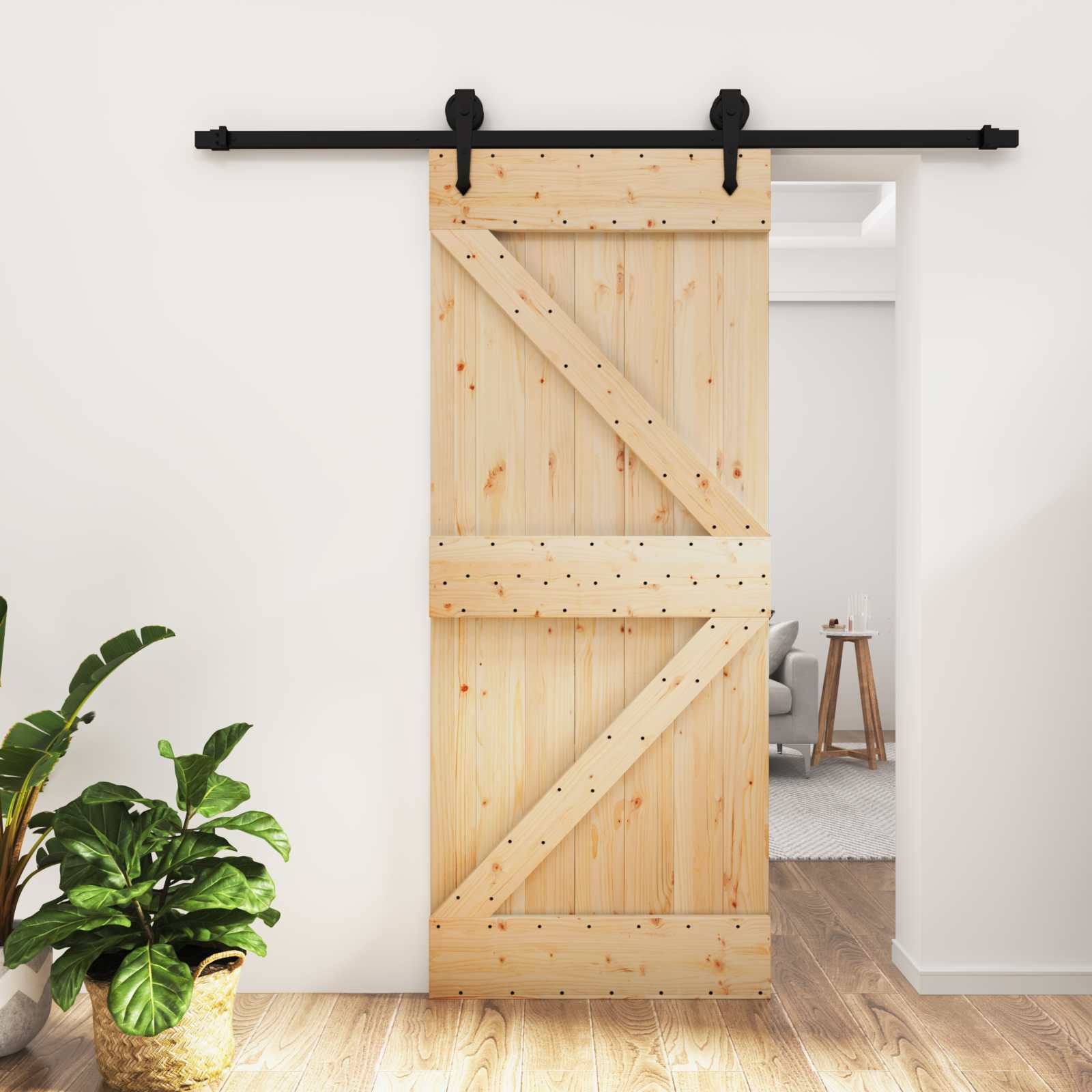 Sliding Door Natural and Black 85 x 210 cm Solid Pine Wood