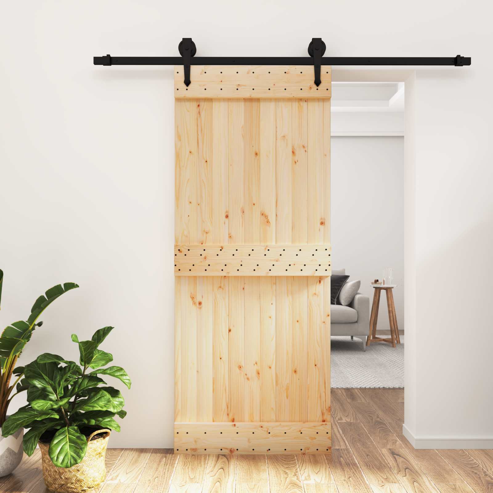 Sliding Door Natural and Black 85 x 210 cm Solid Pine Wood