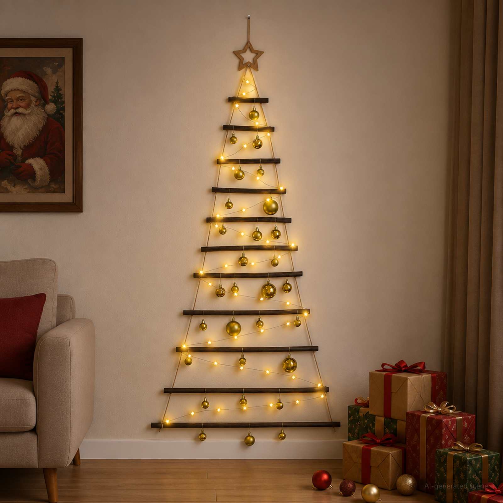 Hanging Christmas tree with baubles 150 cm 80 LEDs Warm White