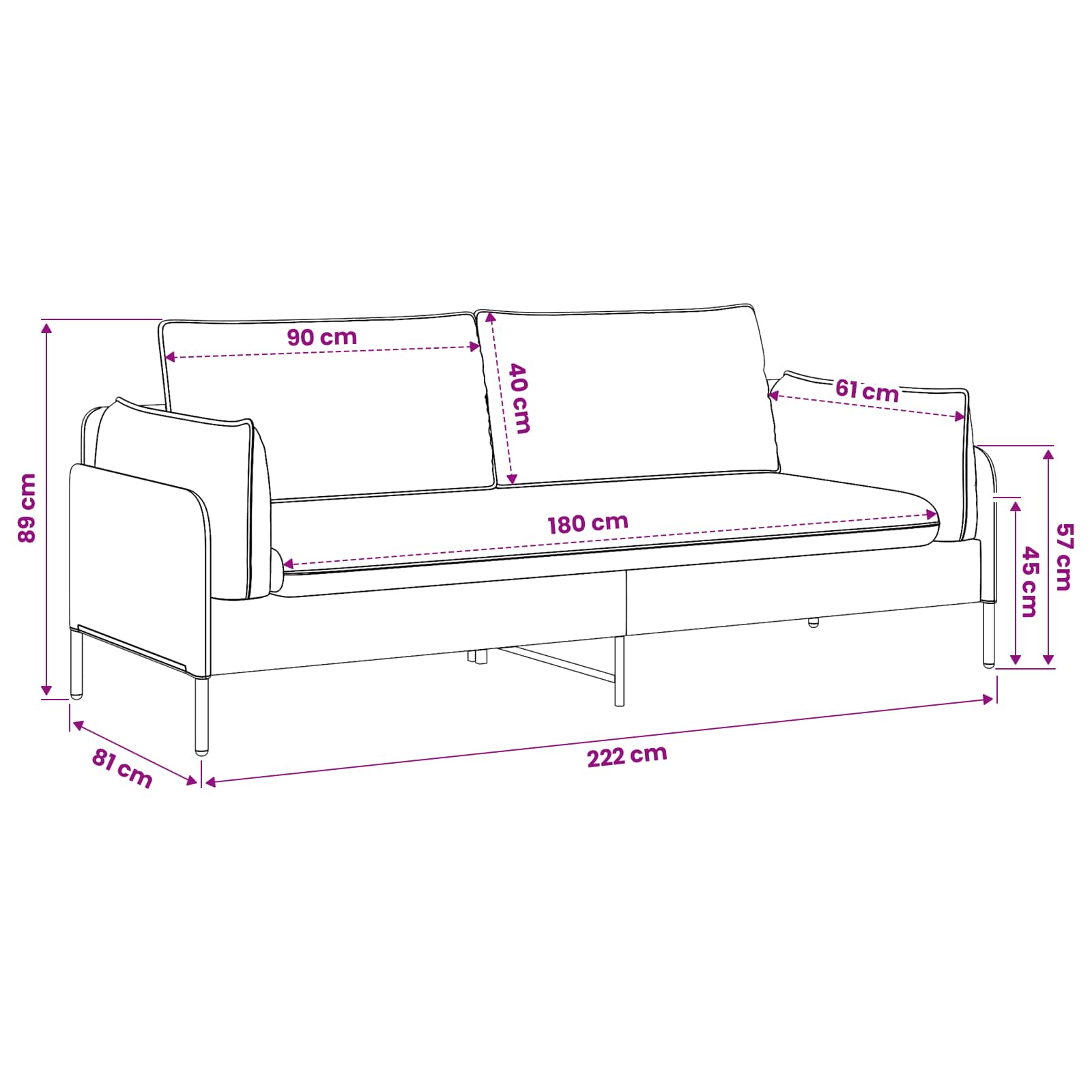 3-Seater Sofa Black 222 x 81 x 89 cm Velvet