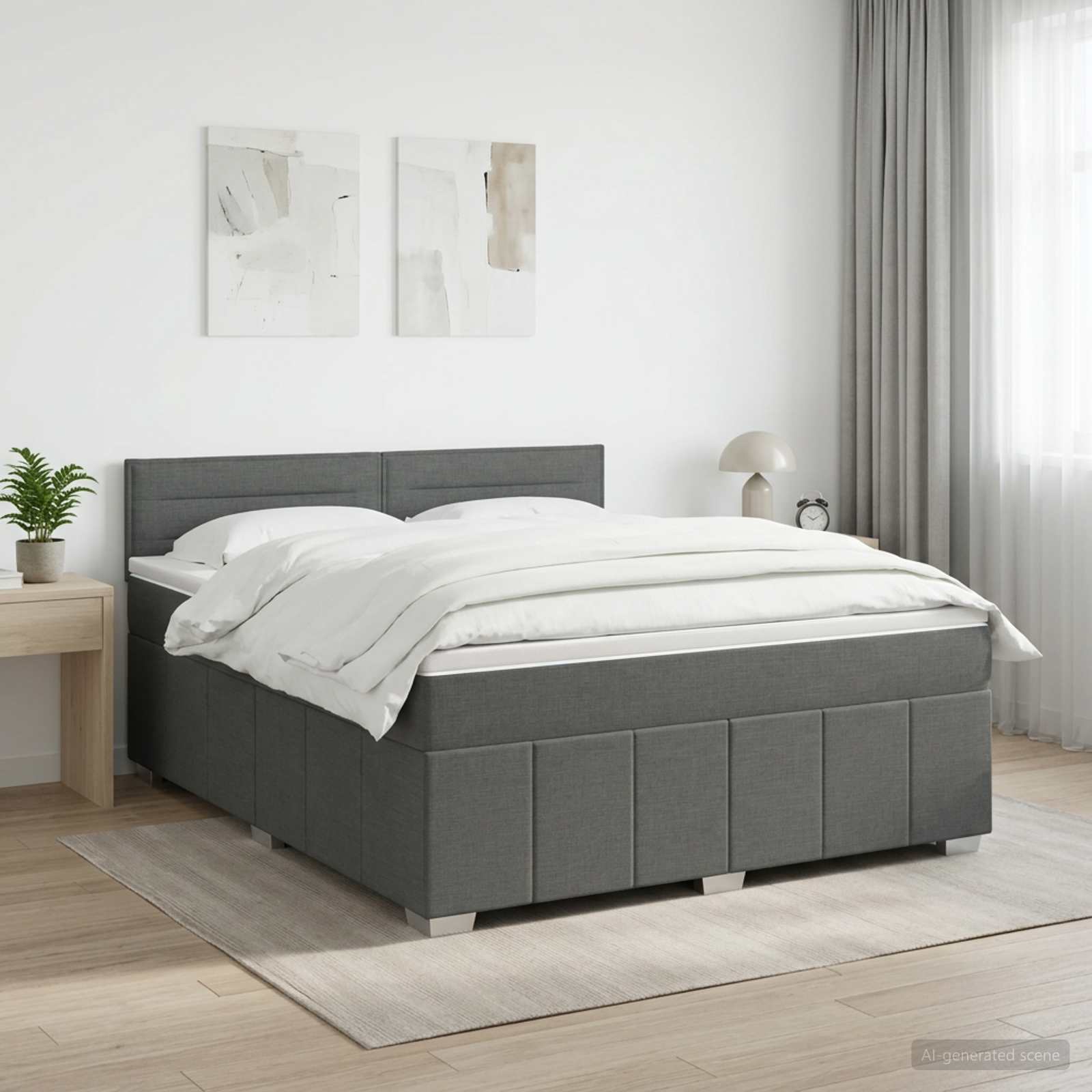 Box Spring Bed with Mattress Dark Grey 153 x 203 cm Fabric