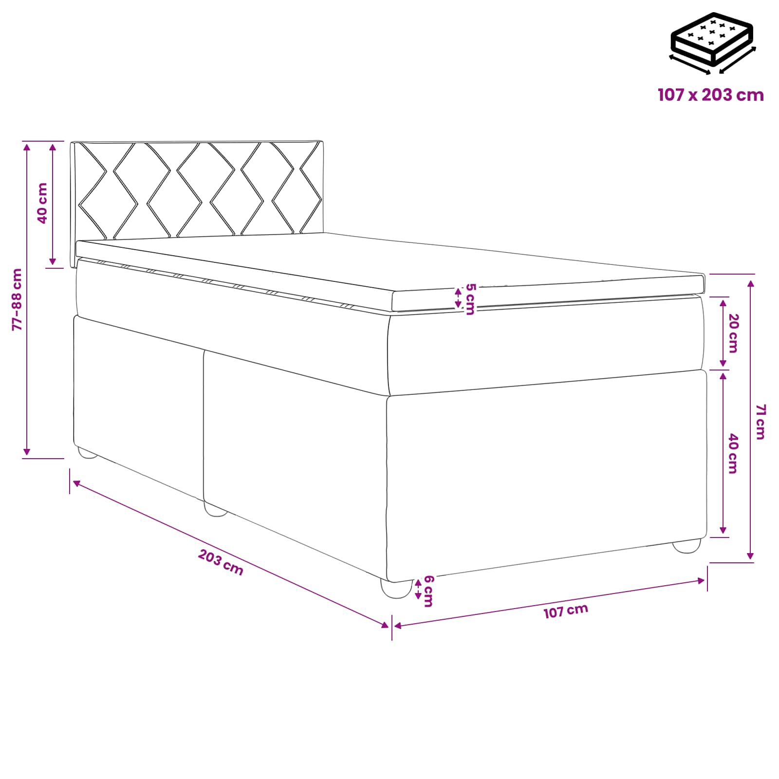Box Spring Bed with Mattress Black 107 x 203 cm Velvet