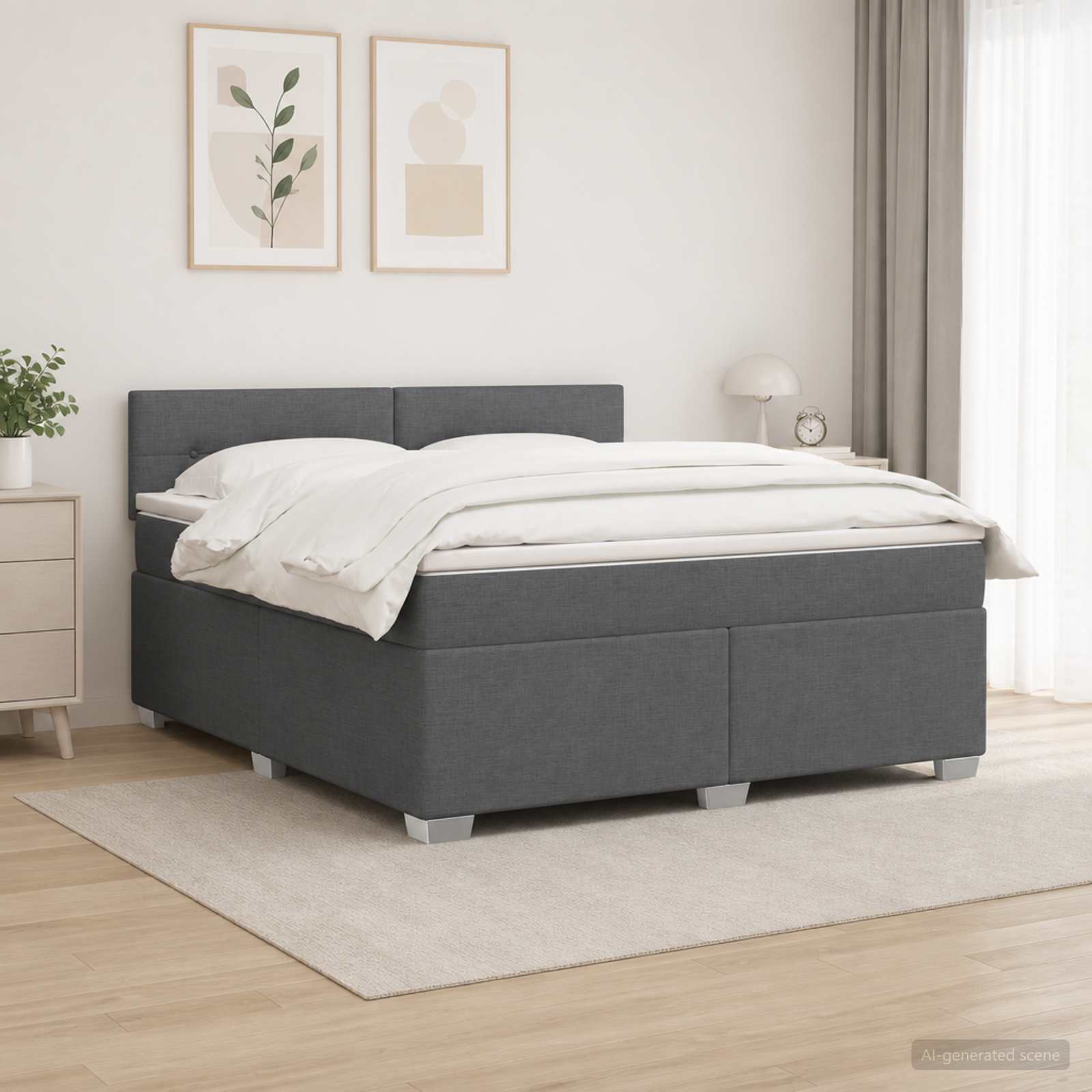 Box Spring Bed with Mattress and LED Dark Grey Queen Size AU
