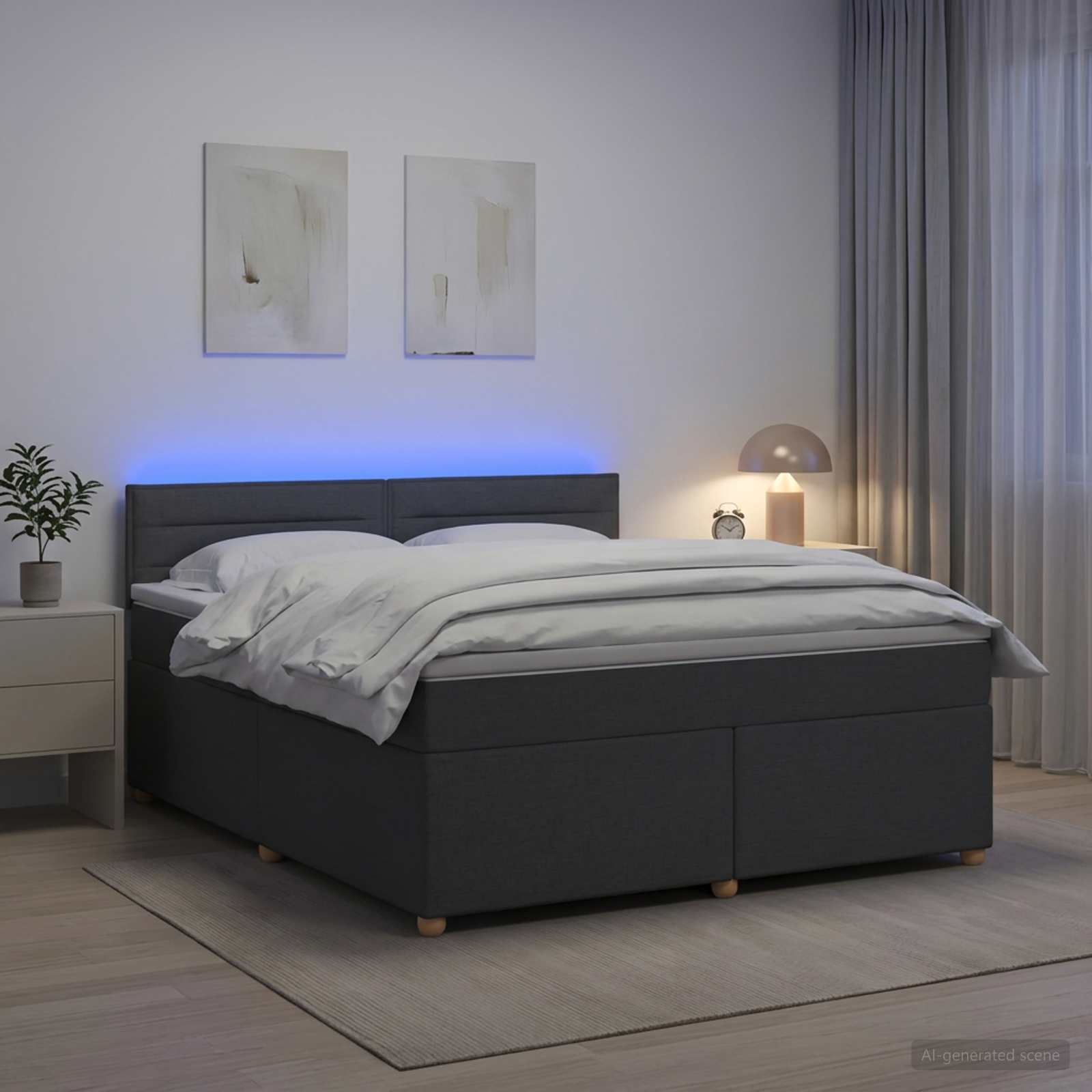 Box Spring Bed with Mattress and LED Dark Grey 153 x 203 cm