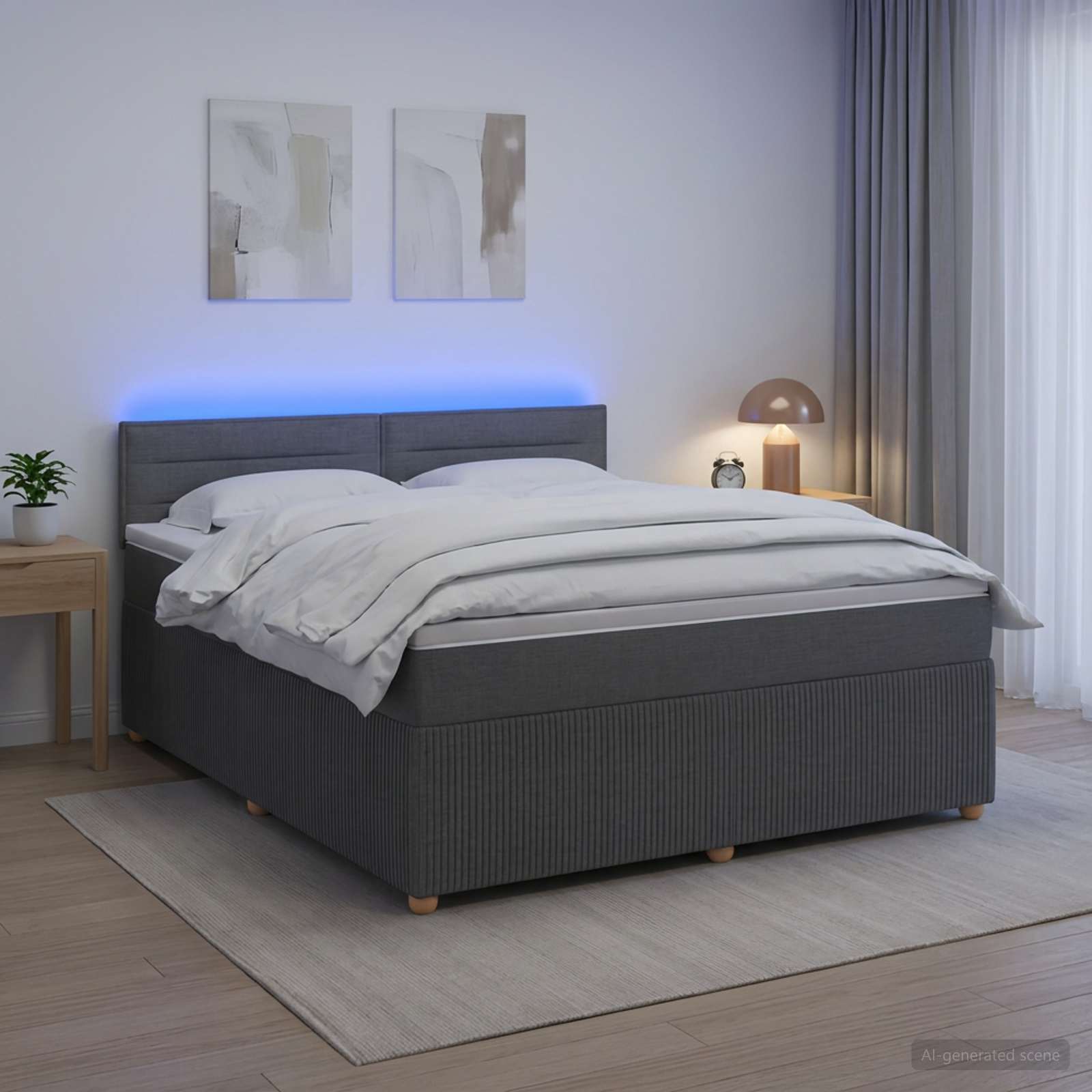 Box Spring Bed with Mattress and LED Dark Grey 153 x 203 cm
