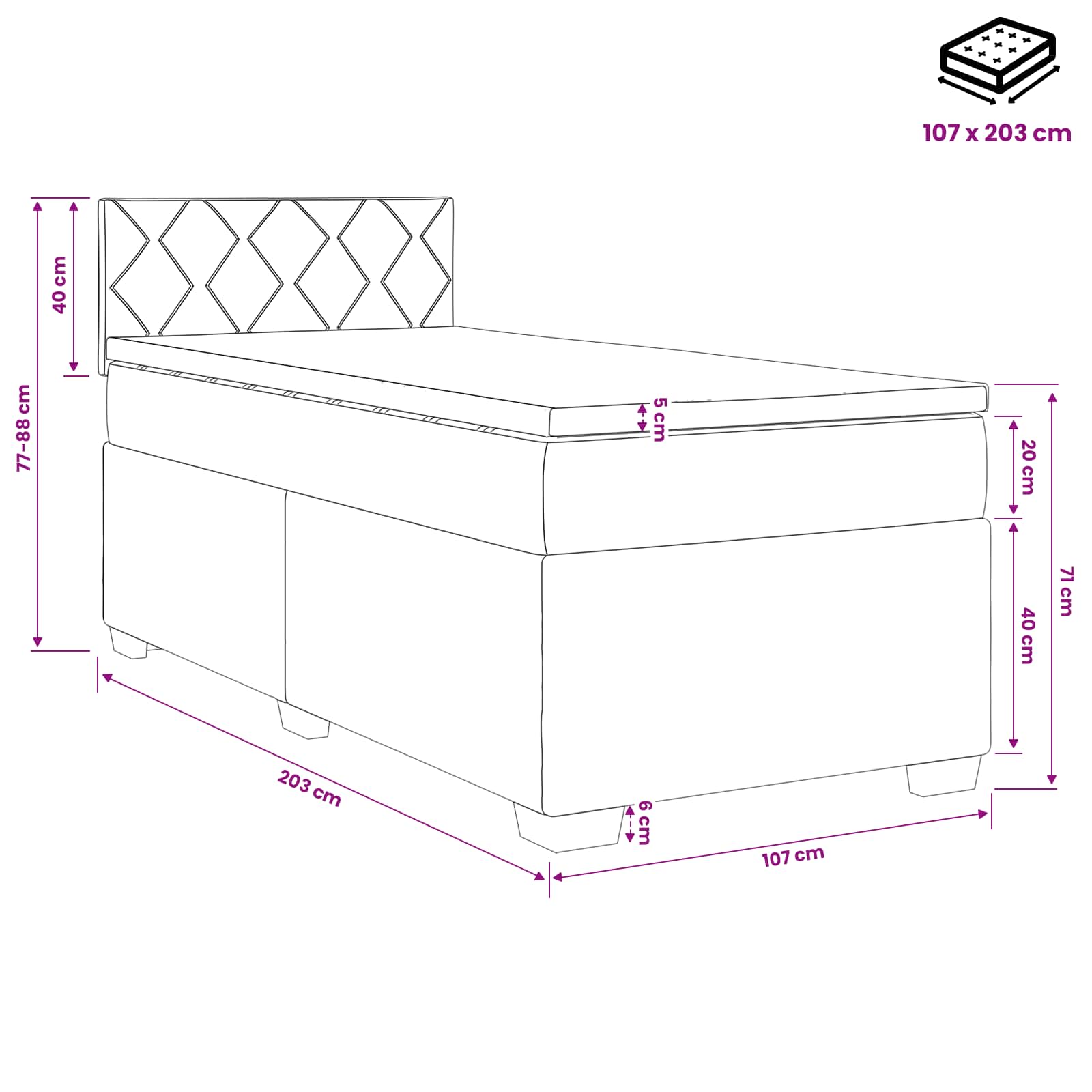 Box Spring Bed with Mattress Black 107 x 203 cm Velvet