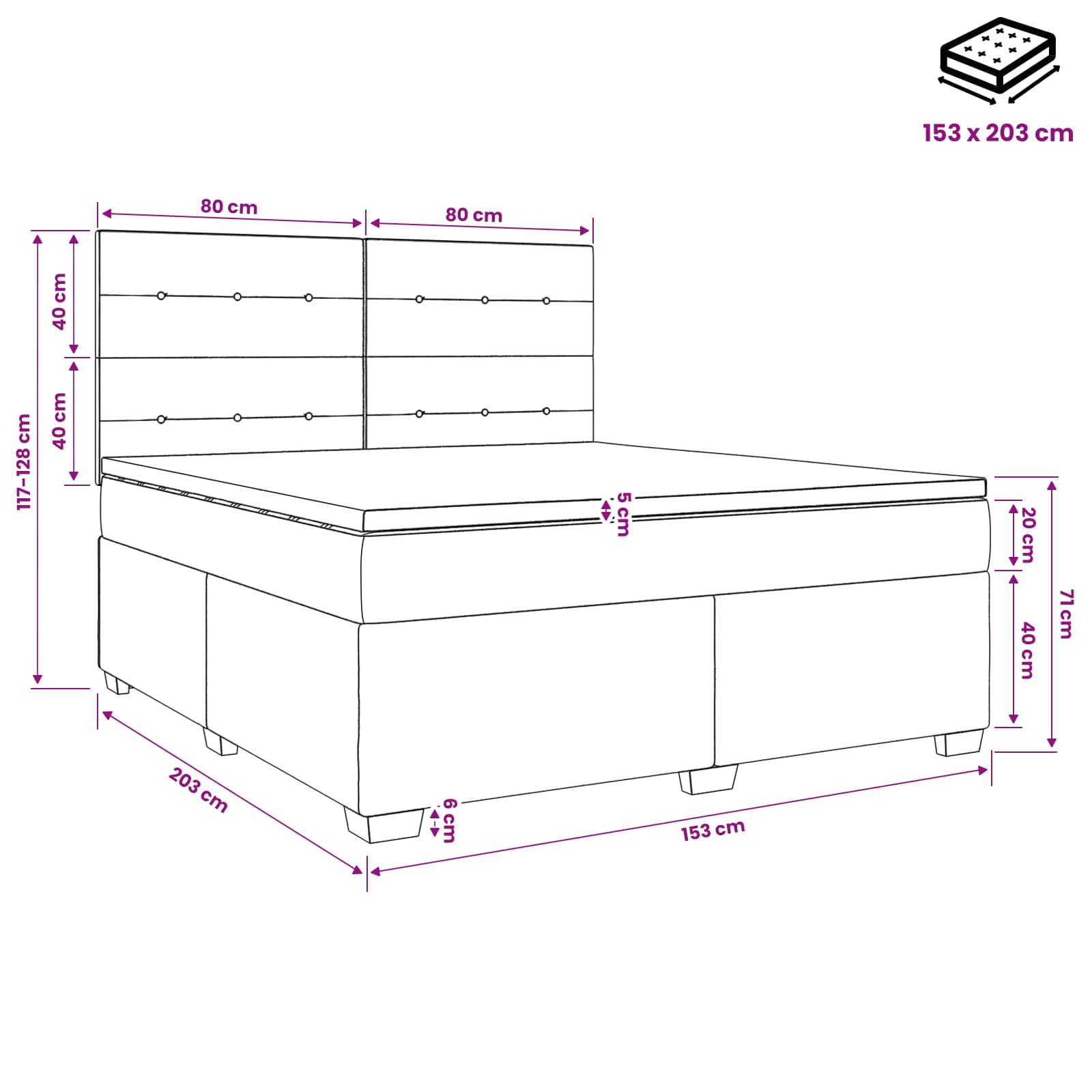 Box Spring Bed with Mattress and LED Dark Grey 153 x 203 cm