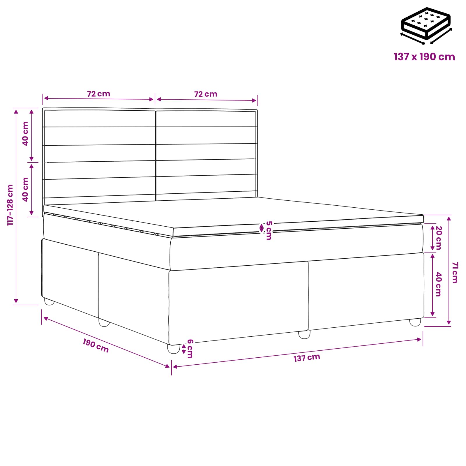 LED Box Spring Bed with Mattress Dark Grey 140 x 190 cm Fabric
