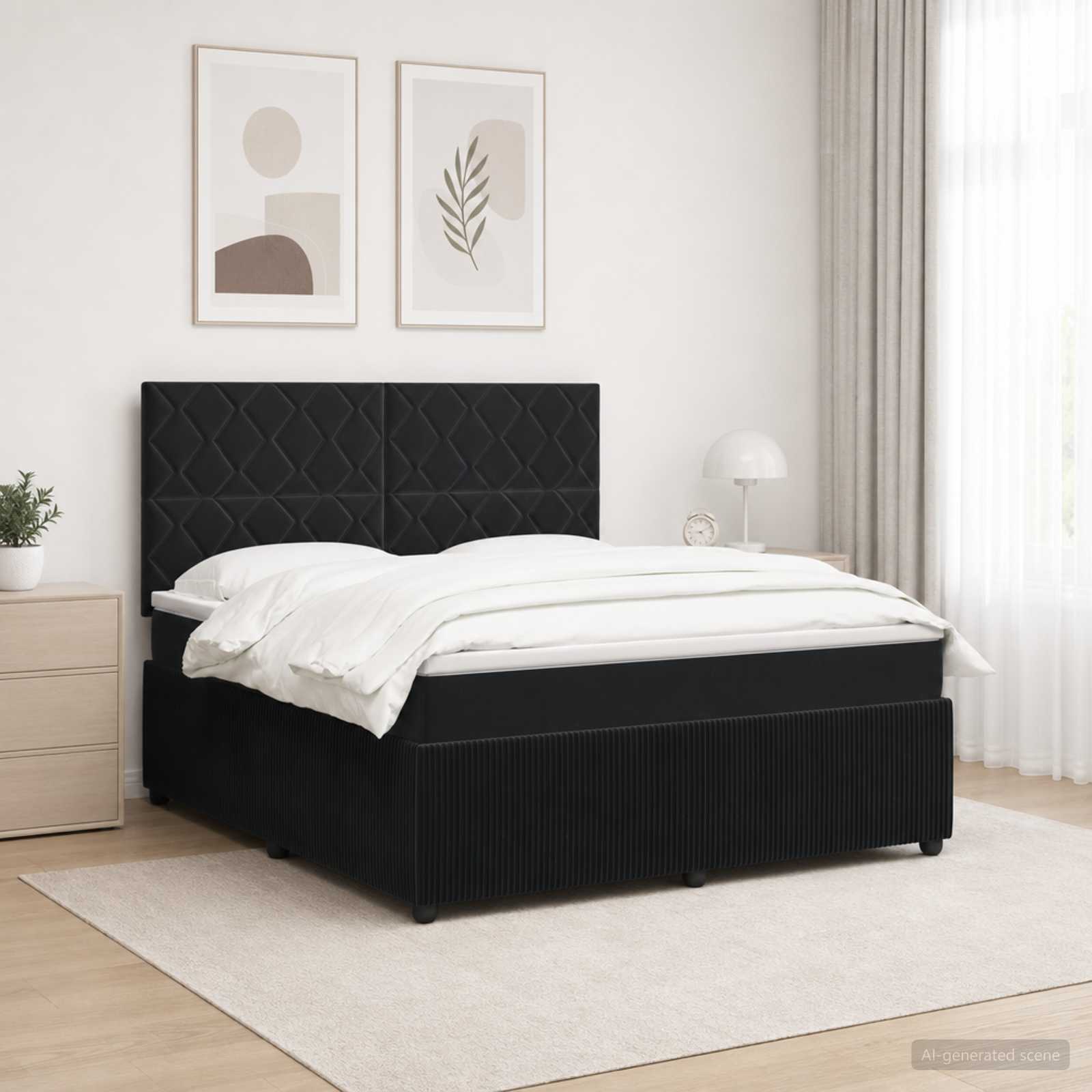 LED Box Spring Bed with Mattress Black 140 x 190 cm Velvet