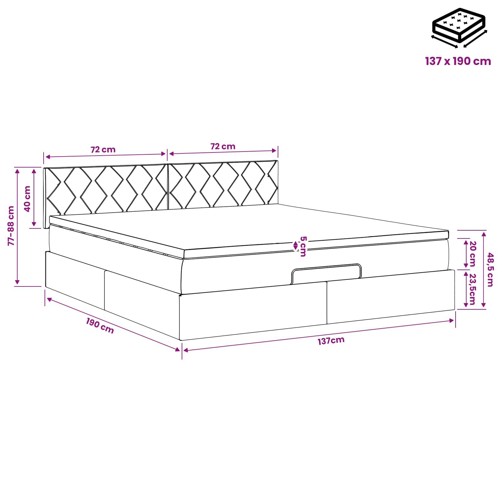 Ottoman Bed with Mattress Black 137 x 190 cm Velvet