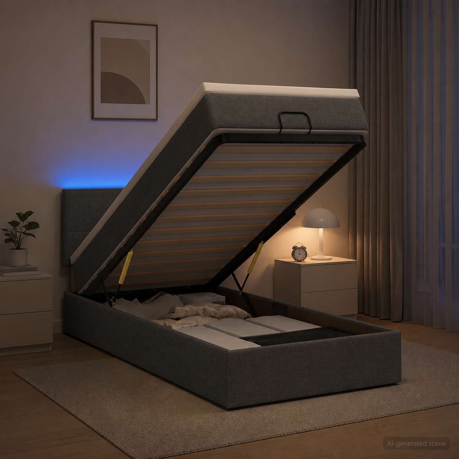 Ottoman Bed with Mattress and LED Dark Grey King Single Fabric