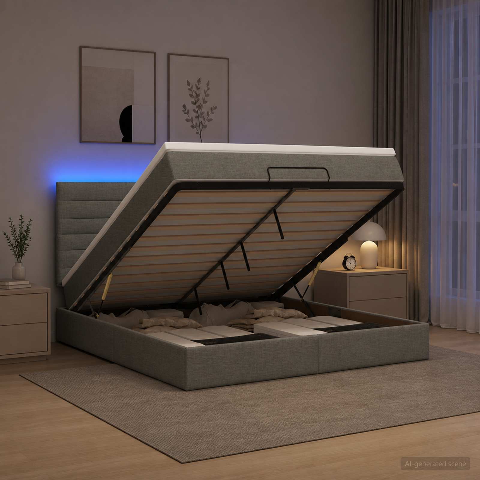 Ottoman Bed with Mattress and LED Dark Grey Double Fabric