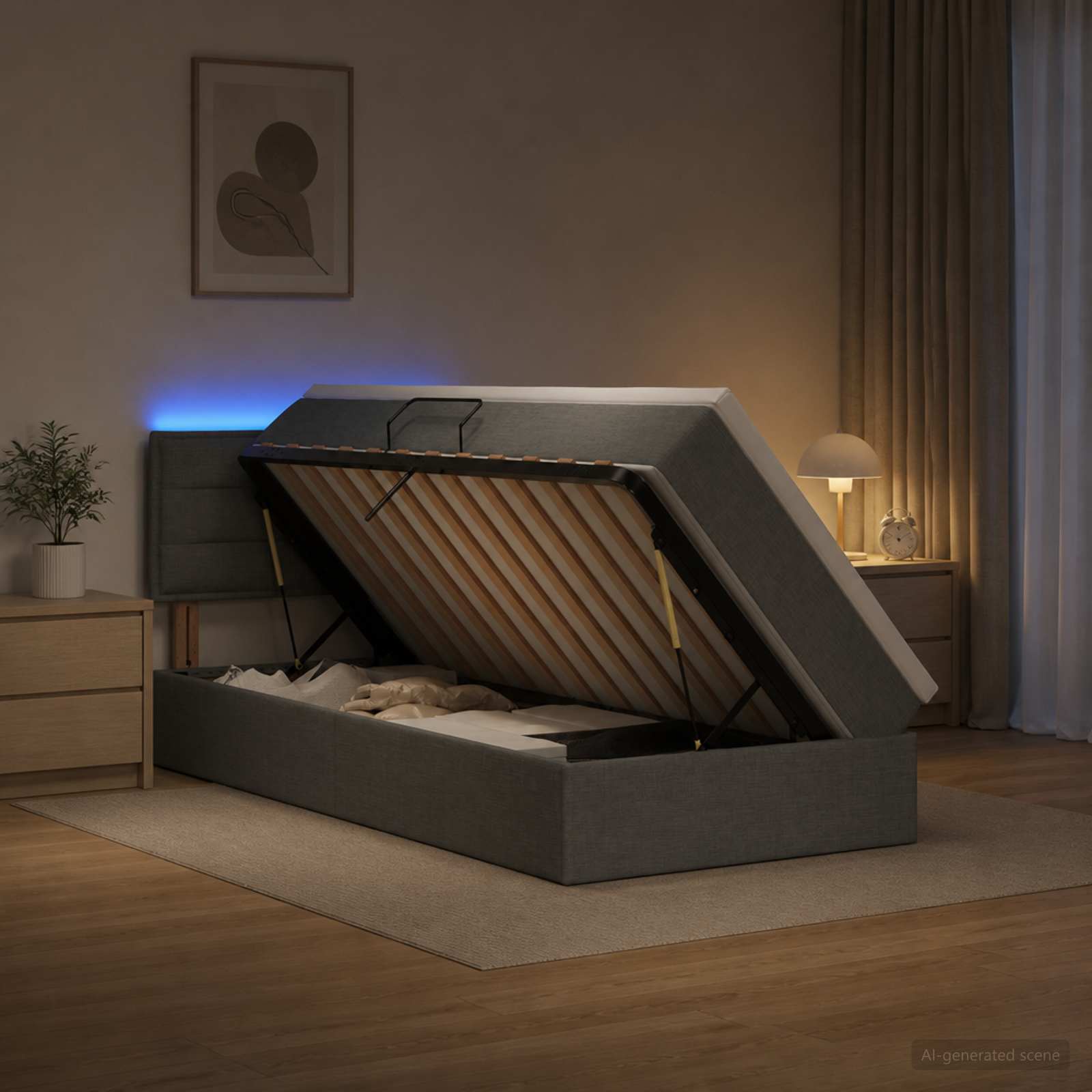 LED Storage Bed with Mattress Dark Grey 100 x 200 cm Fabric