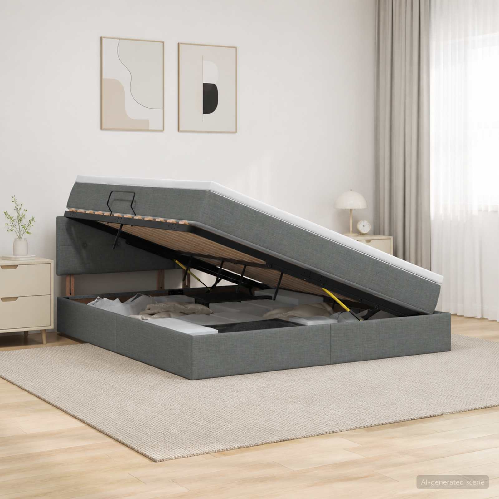Storage Bed with Headboard 153 x 203 cm Fabric