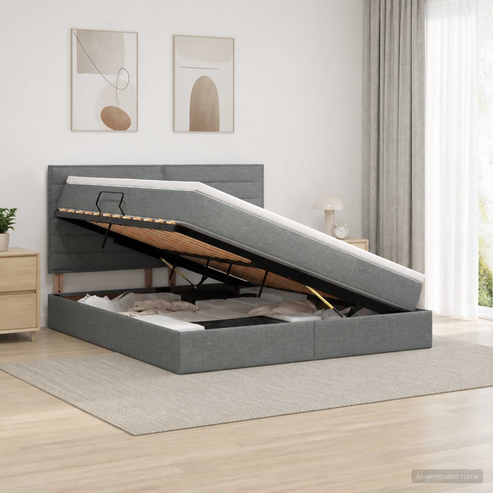 Storage Bed with Headboard with Storage Dark Grey Double Fabric