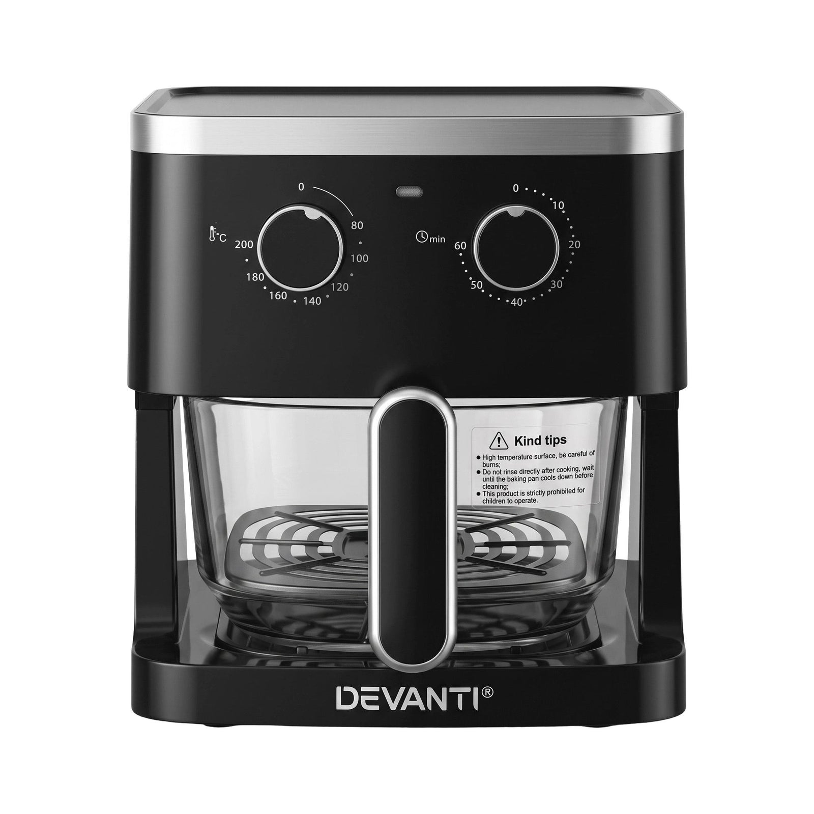 Devanti 4.5L Glass Air Fryer Kitchen Oven Knob Control 1350W Healthy Cooker Black