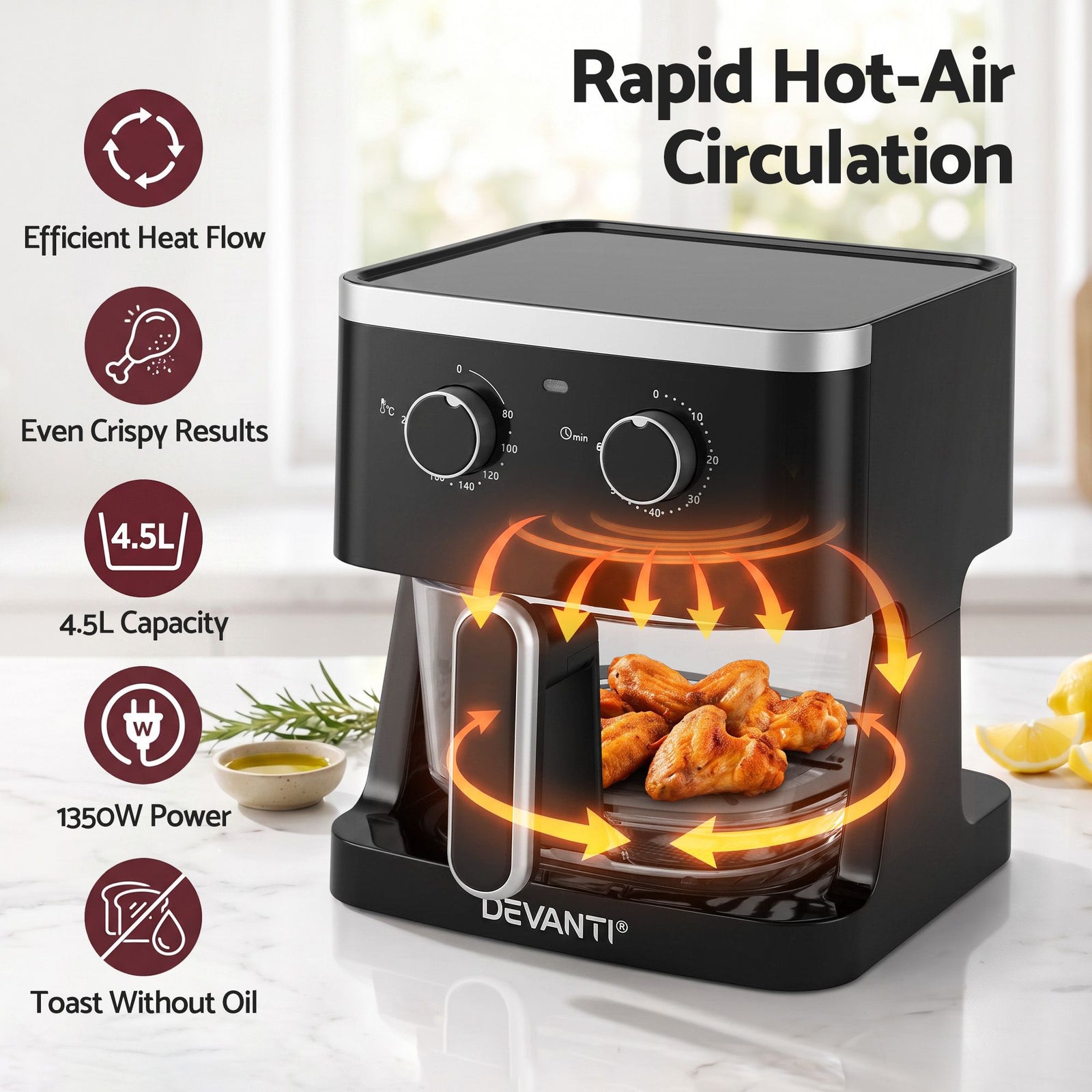 Devanti 4.5L Glass Air Fryer Kitchen Oven Knob Control 1350W Healthy Cooker Black
