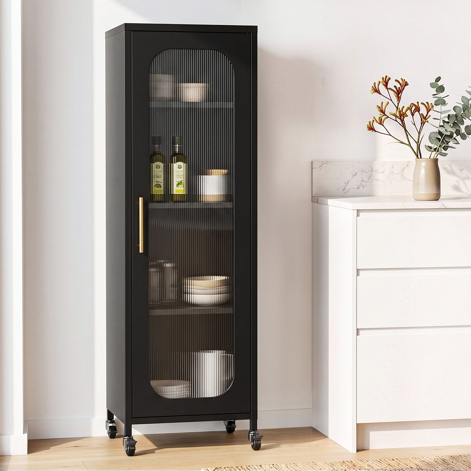 Artiss Buffet Cabinet Sideboard Slim Fluted Kitchen Storage Trolley Wheels Black