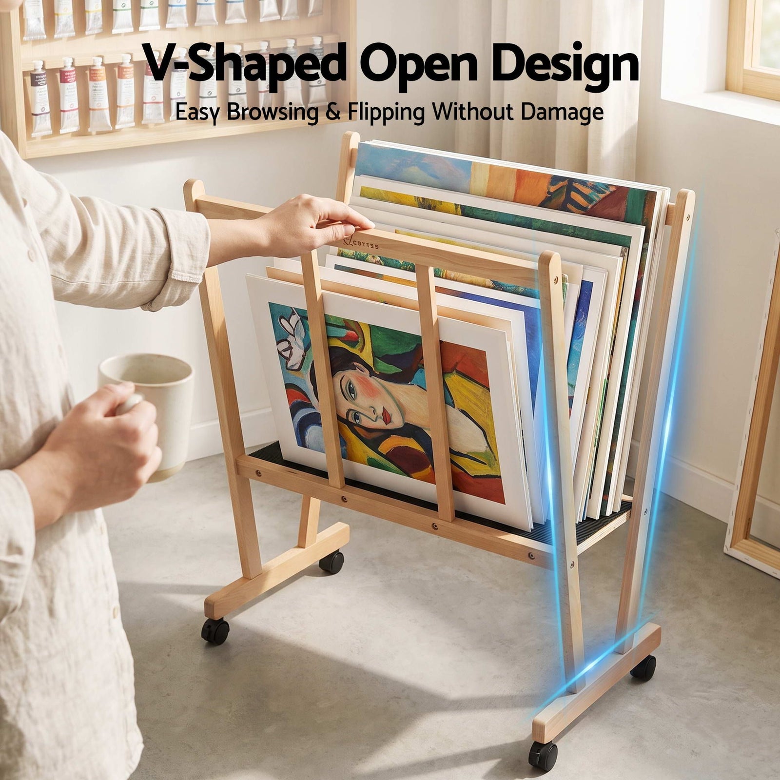 Artiss Art Display Wooden Print Rack with Castors-Canvas Drying & Storage Rack for Panels, Posters, Art Shows & Galleries