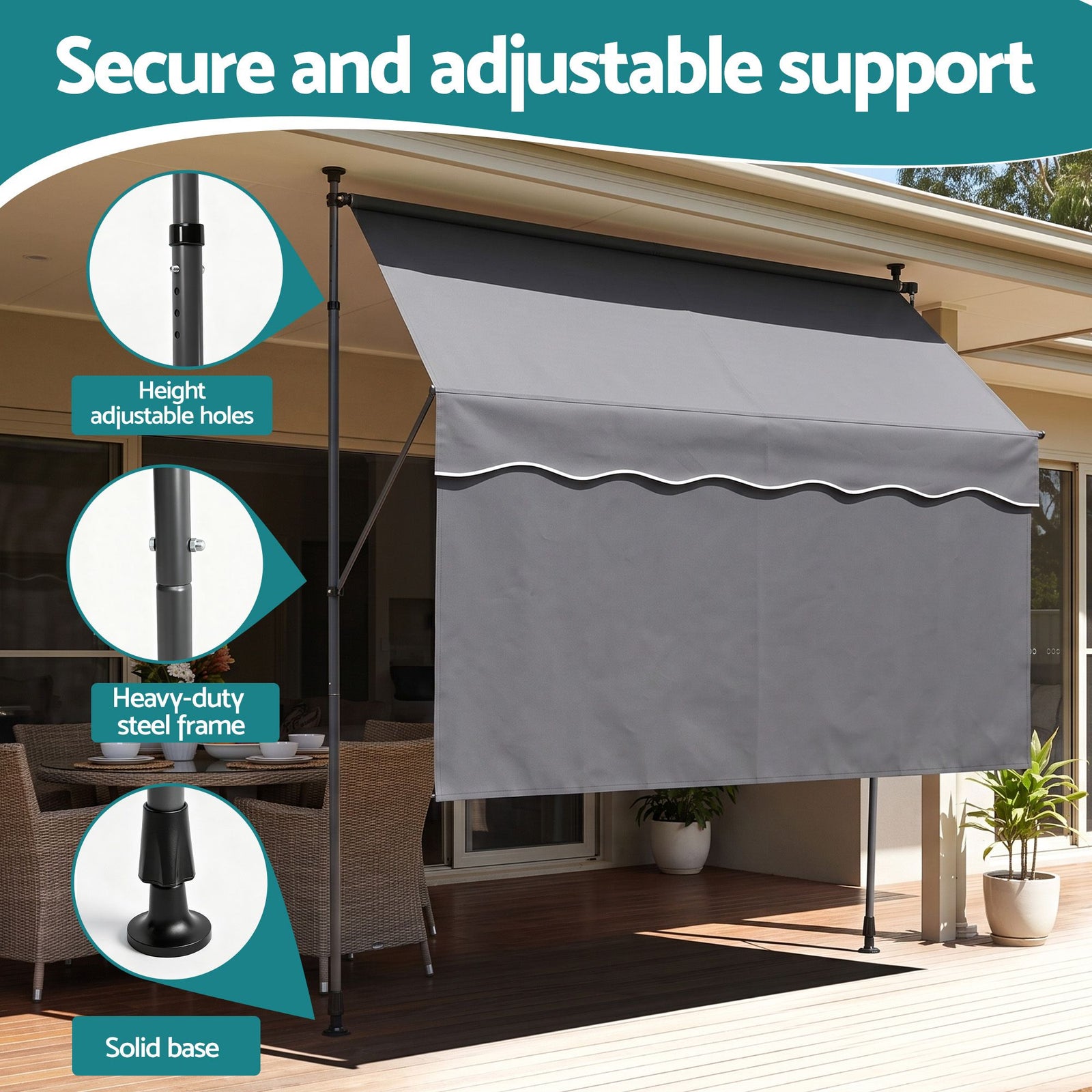 Instahut 2.1M x 1.8M Manual Pivot Arm Awning With Front Curtain Grey