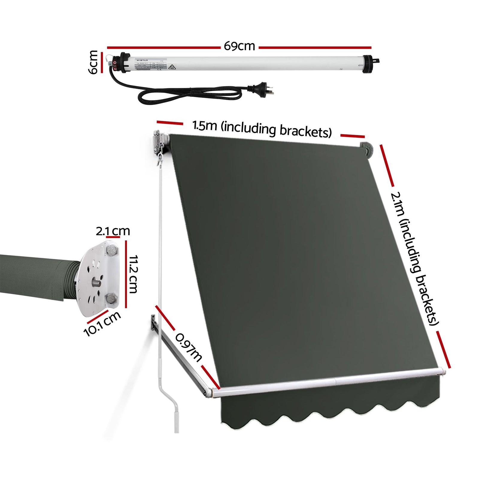 Instahut Motorised Pivot Arm Awning Window Sun Shade 1.5 X 2.1M Grey