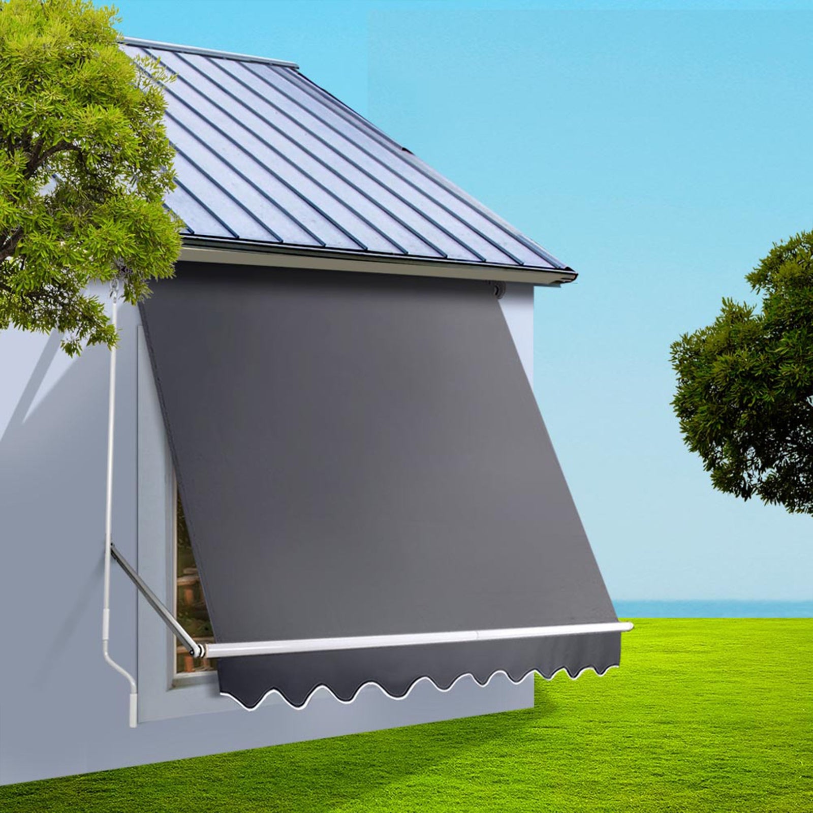 Instahut Motorised Pivot Arm Awning Window Sun Shade 2.4 X 2.1M Grey