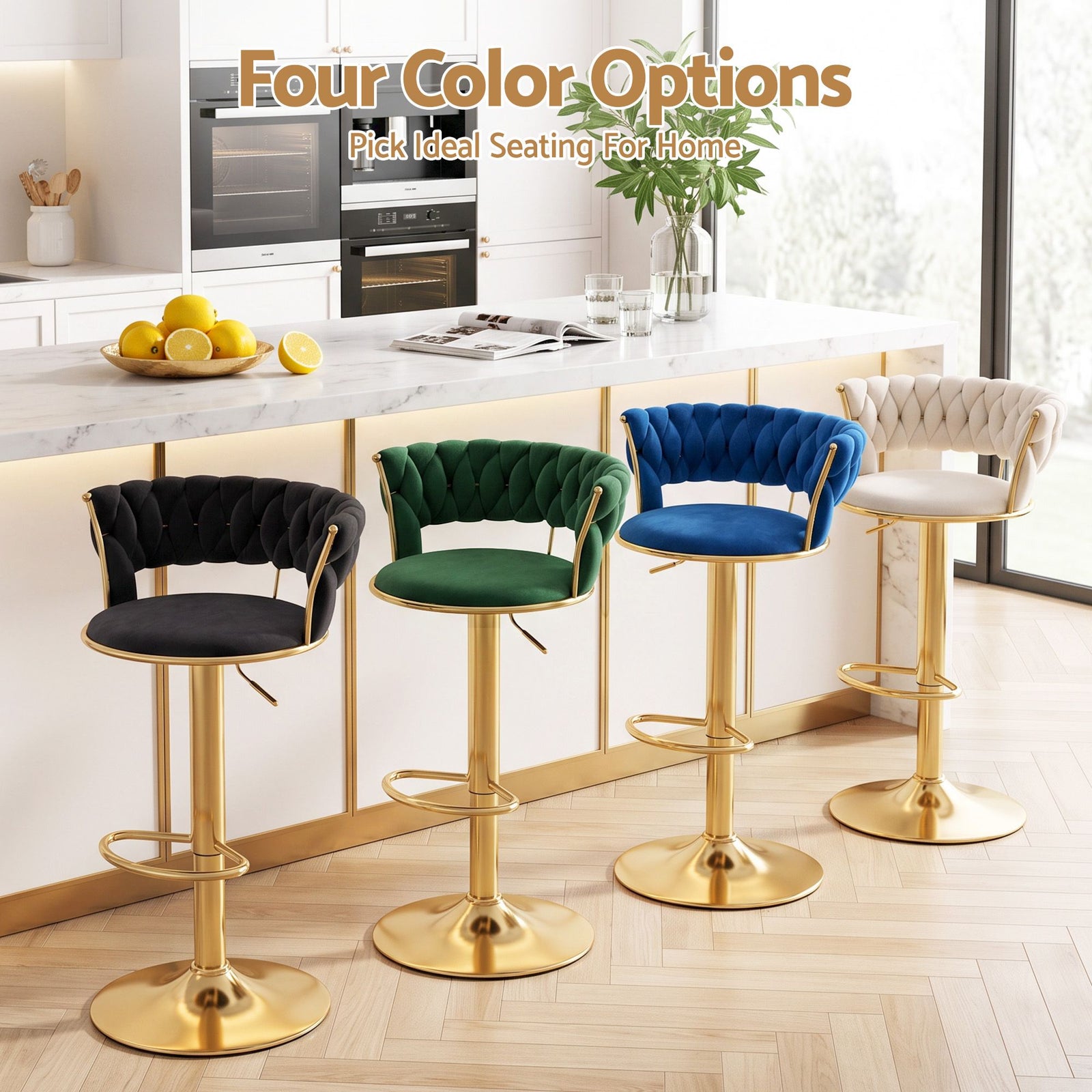 Artiss 3x Bar Stools Gas Lift Adjustable Velvet Woven Backrest Vivien Black